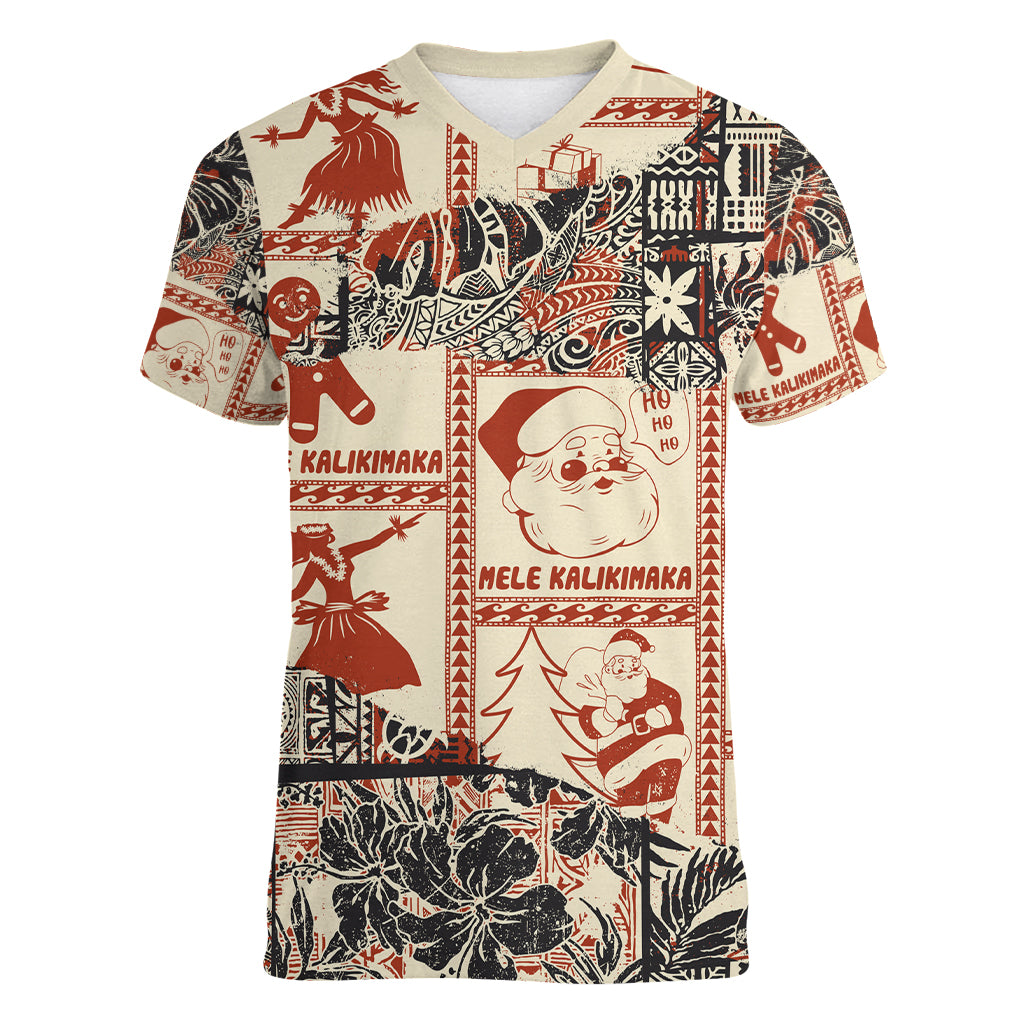 Aloha Hawaii Christmas Women V Neck T Shirt Mele Kalikimaka Tapa Tribal Retro Style - Wonder Print Shop