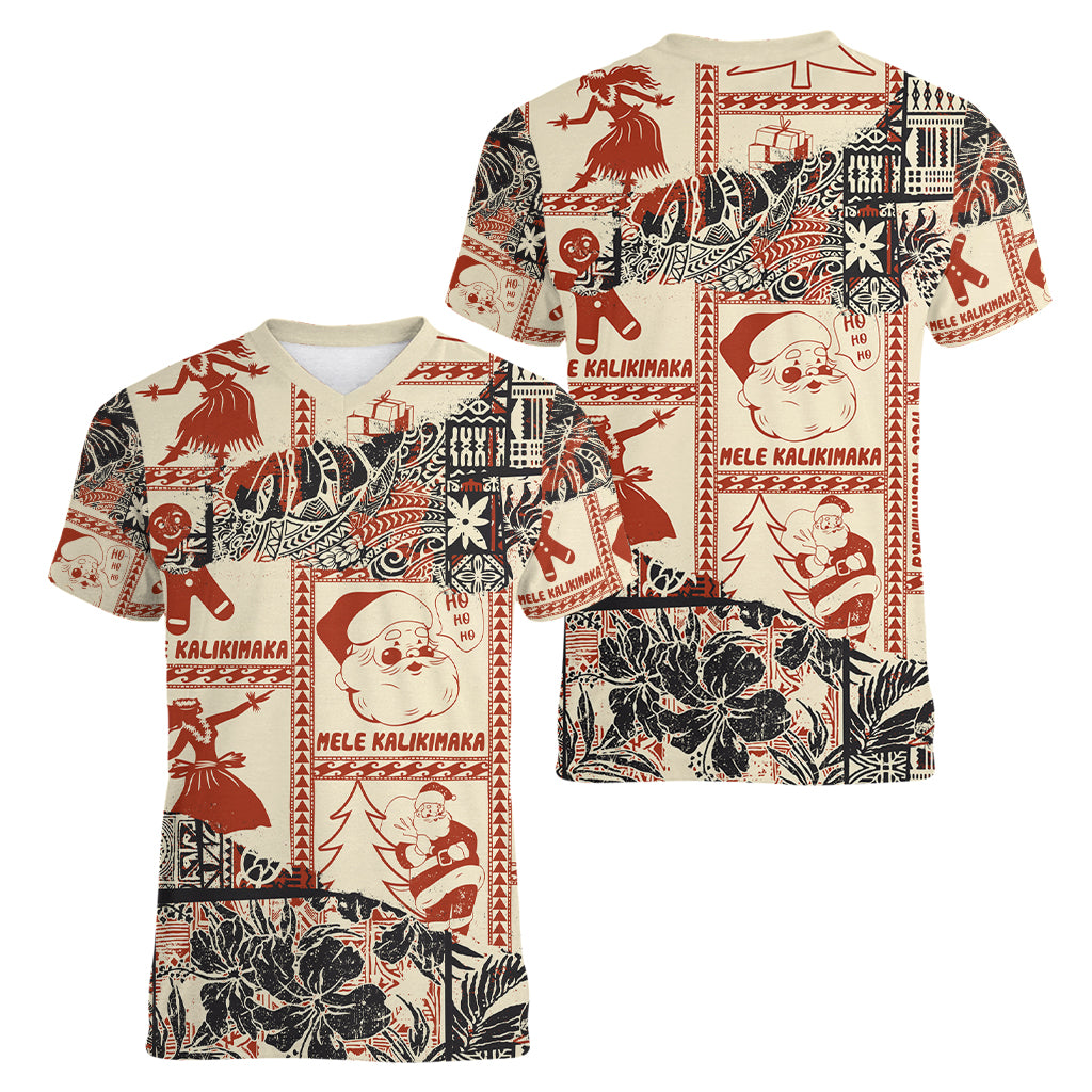 Aloha Hawaii Christmas Women V Neck T Shirt Mele Kalikimaka Tapa Tribal Retro Style - Wonder Print Shop