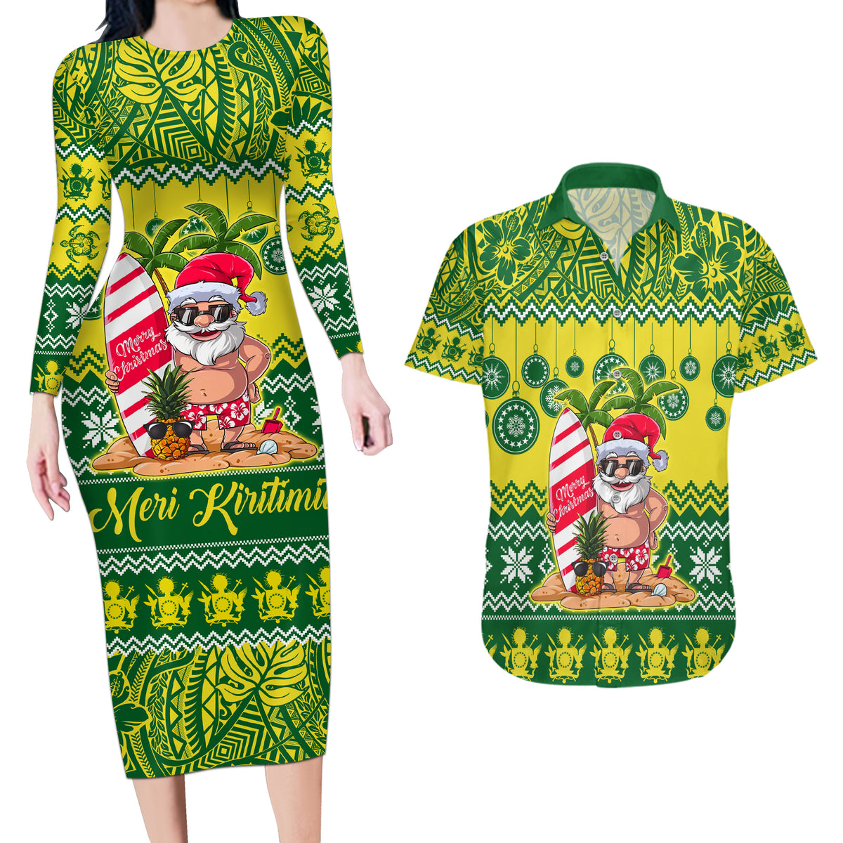 Cook Islands Christmas Couples Matching Long Sleeve Bodycon Dress and Hawaiian Shirt Santa Beach Meri Kiritimiti LT9 - Wonder Print Shop