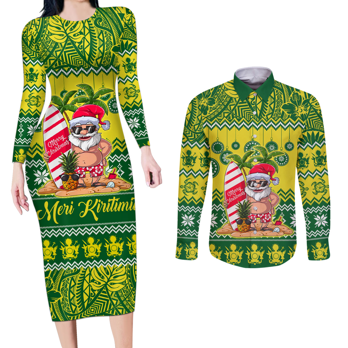 Cook Islands Christmas Couples Matching Long Sleeve Bodycon Dress and Long Sleeve Button Shirt Santa Beach Meri Kiritimiti LT9 - Wonder Print Shop