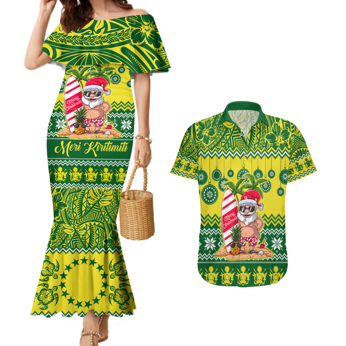 Cook Islands Christmas Couples Matching Mermaid Dress and Hawaiian Shirt Santa Beach Meri Kiritimiti LT9 - Wonder Print Shop