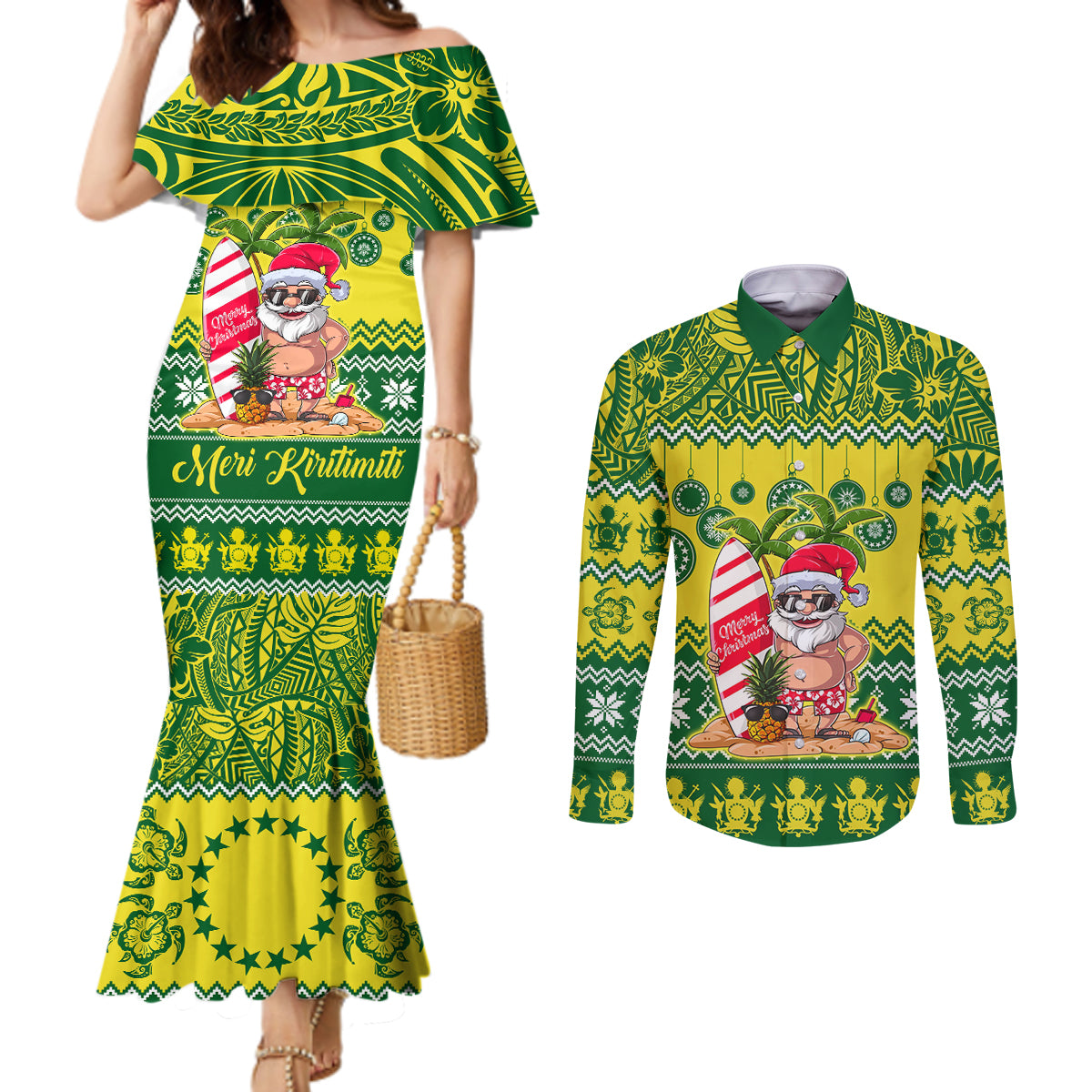 cook-islands-christmas-couples-matching-mermaid-dress-and-long-sleeve-button-shirt-santa-beach-meri-kiritimiti
