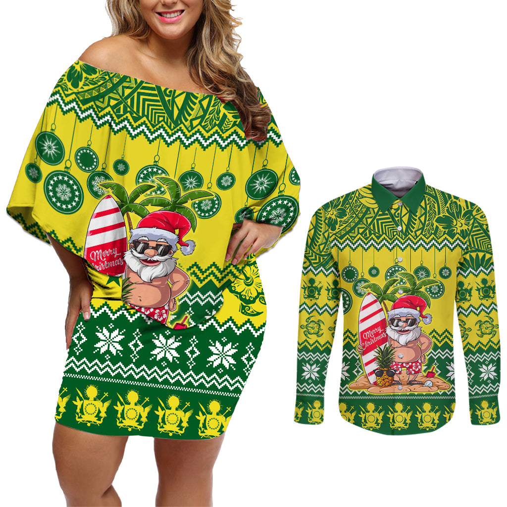 Cook Islands Christmas Couples Matching Off Shoulder Short Dress and Long Sleeve Button Shirt Santa Beach Meri Kiritimiti LT9 - Wonder Print Shop