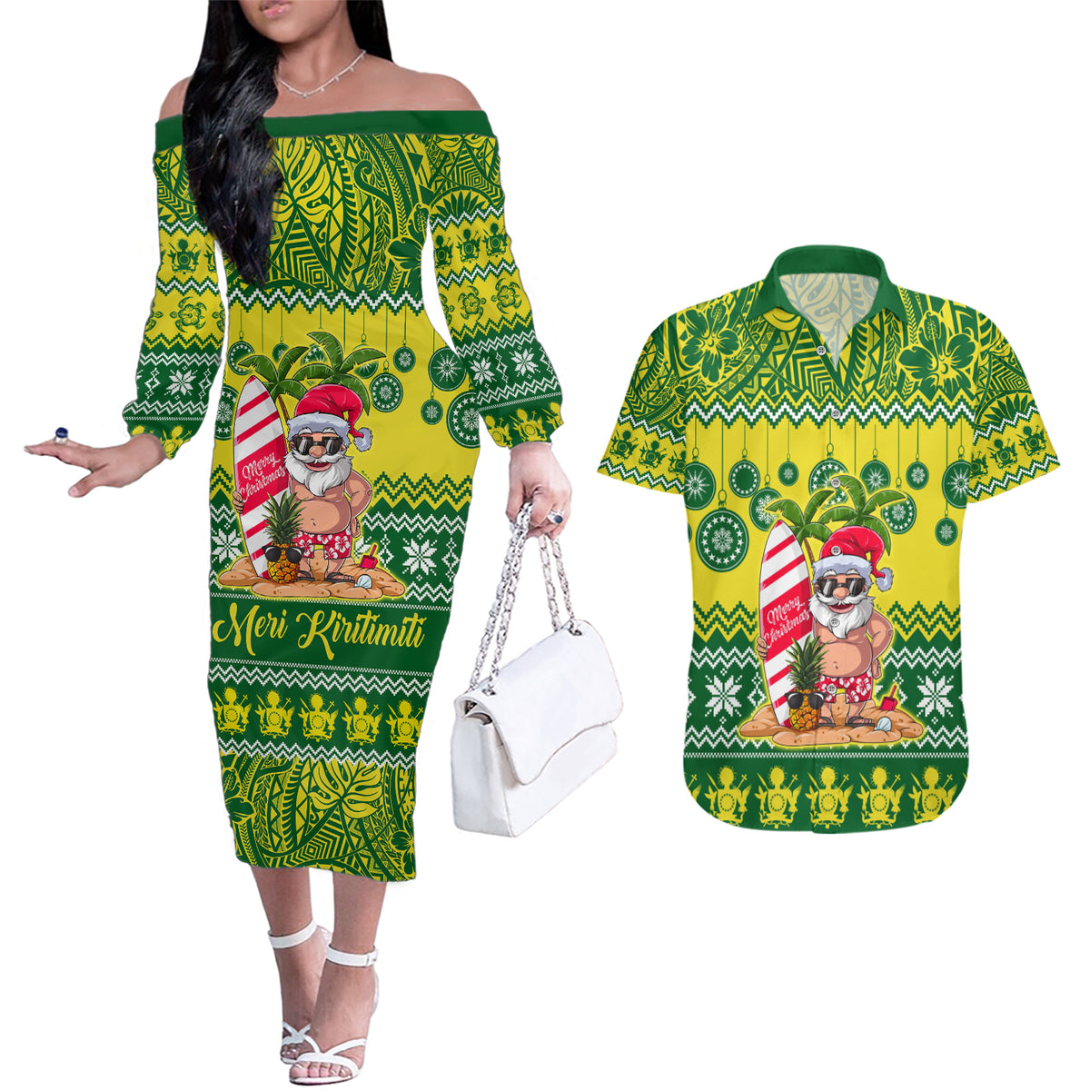 Cook Islands Christmas Couples Matching Off The Shoulder Long Sleeve Dress and Hawaiian Shirt Santa Beach Meri Kiritimiti LT9 - Wonder Print Shop