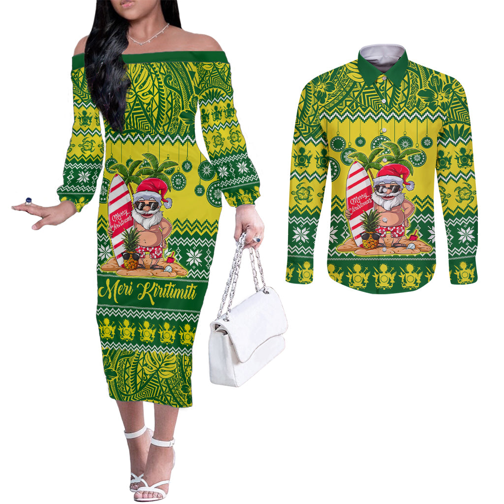cook-islands-christmas-couples-matching-off-the-shoulder-long-sleeve-dress-and-long-sleeve-button-shirt-santa-beach-meri-kiritimiti