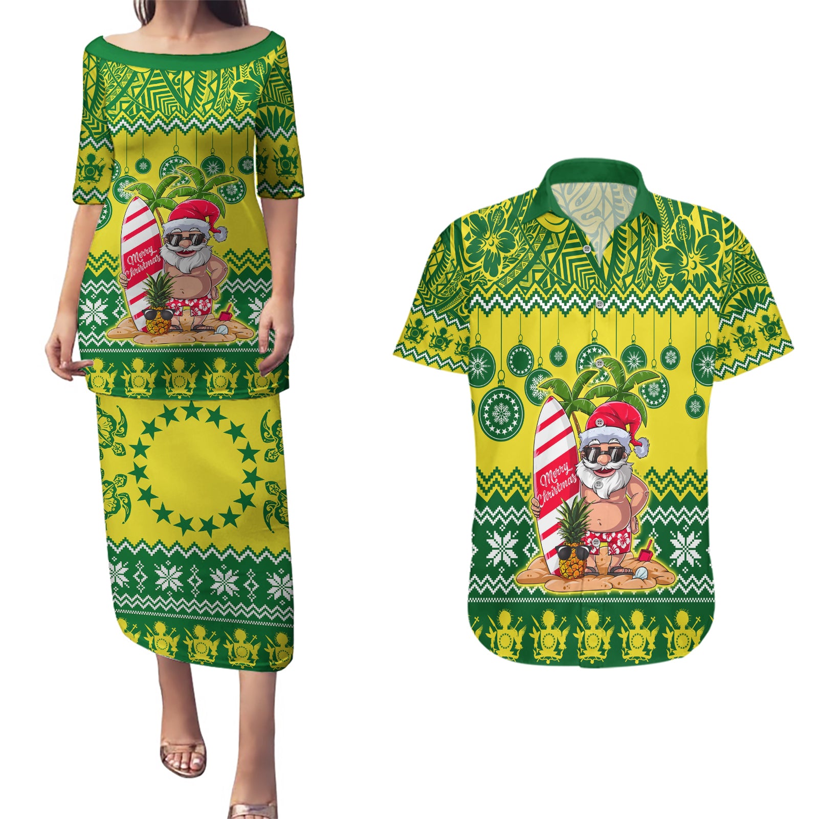 Cook Islands Christmas Couples Matching Puletasi Dress and Hawaiian Shirt Santa Beach Meri Kiritimiti LT9 - Wonder Print Shop