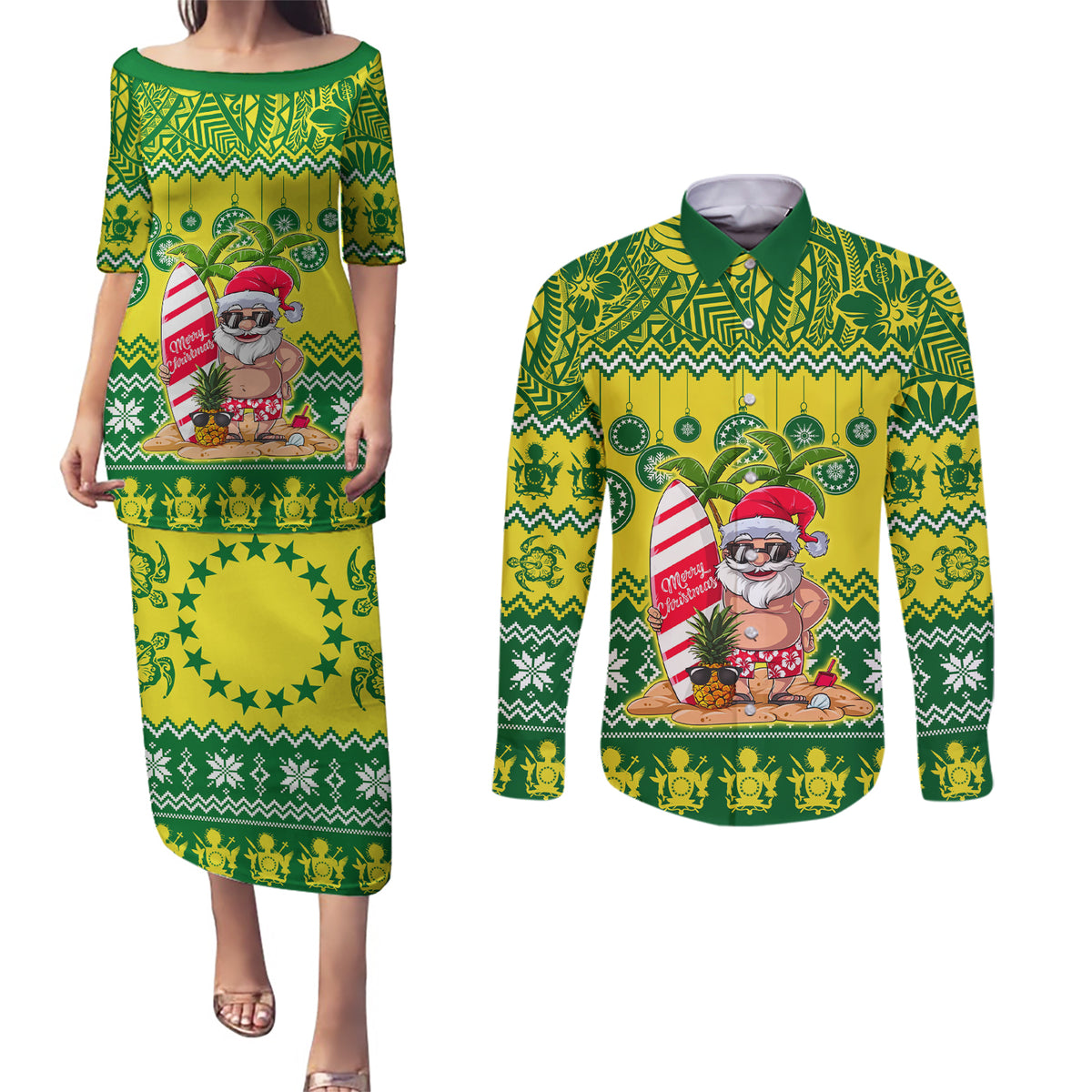 Cook Islands Christmas Couples Matching Puletasi Dress and Long Sleeve Button Shirt Santa Beach Meri Kiritimiti LT9 - Wonder Print Shop