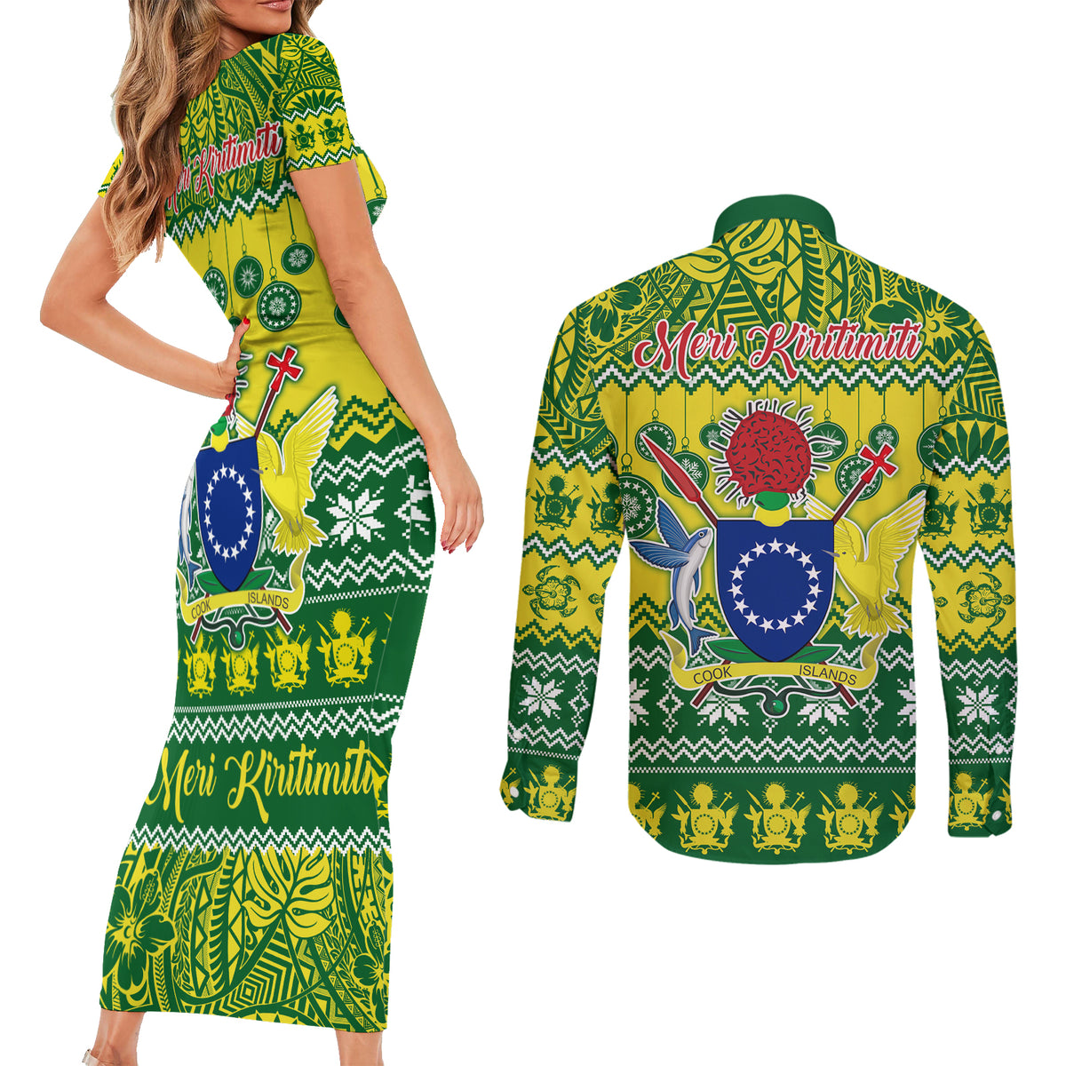 Cook Islands Christmas Couples Matching Short Sleeve Bodycon Dress and Long Sleeve Button Shirt Santa Beach Meri Kiritimiti LT9 - Wonder Print Shop
