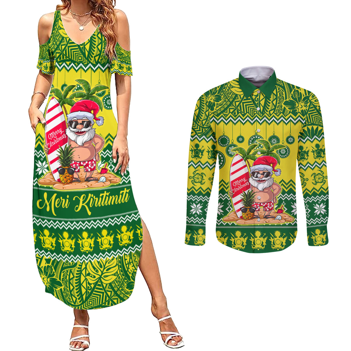 Cook Islands Christmas Couples Matching Summer Maxi Dress and Long Sleeve Button Shirt Santa Beach Meri Kiritimiti LT9 - Wonder Print Shop