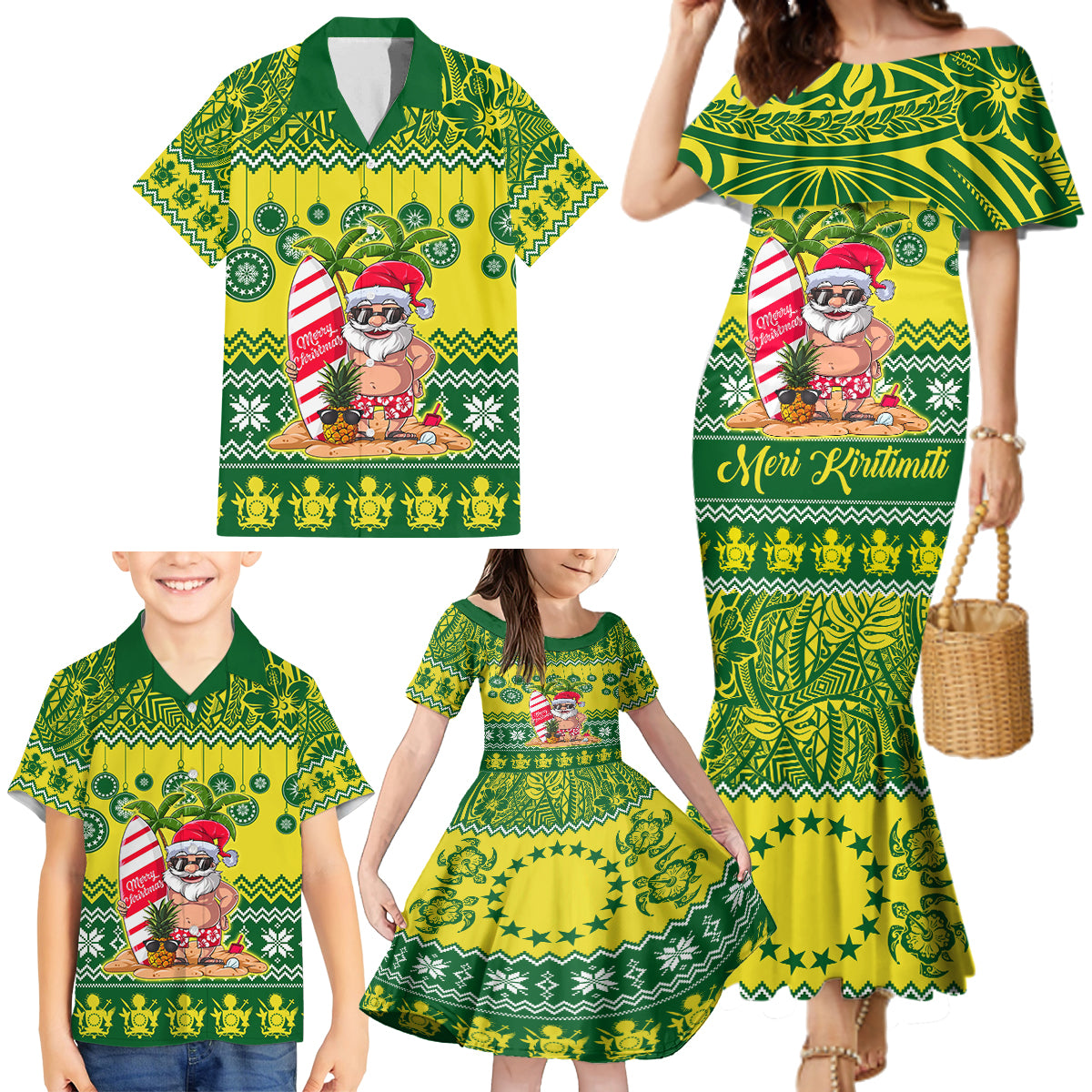 Cook Islands Christmas Family Matching Mermaid Dress and Hawaiian Shirt Santa Beach Meri Kiritimiti LT9 - Wonder Print Shop