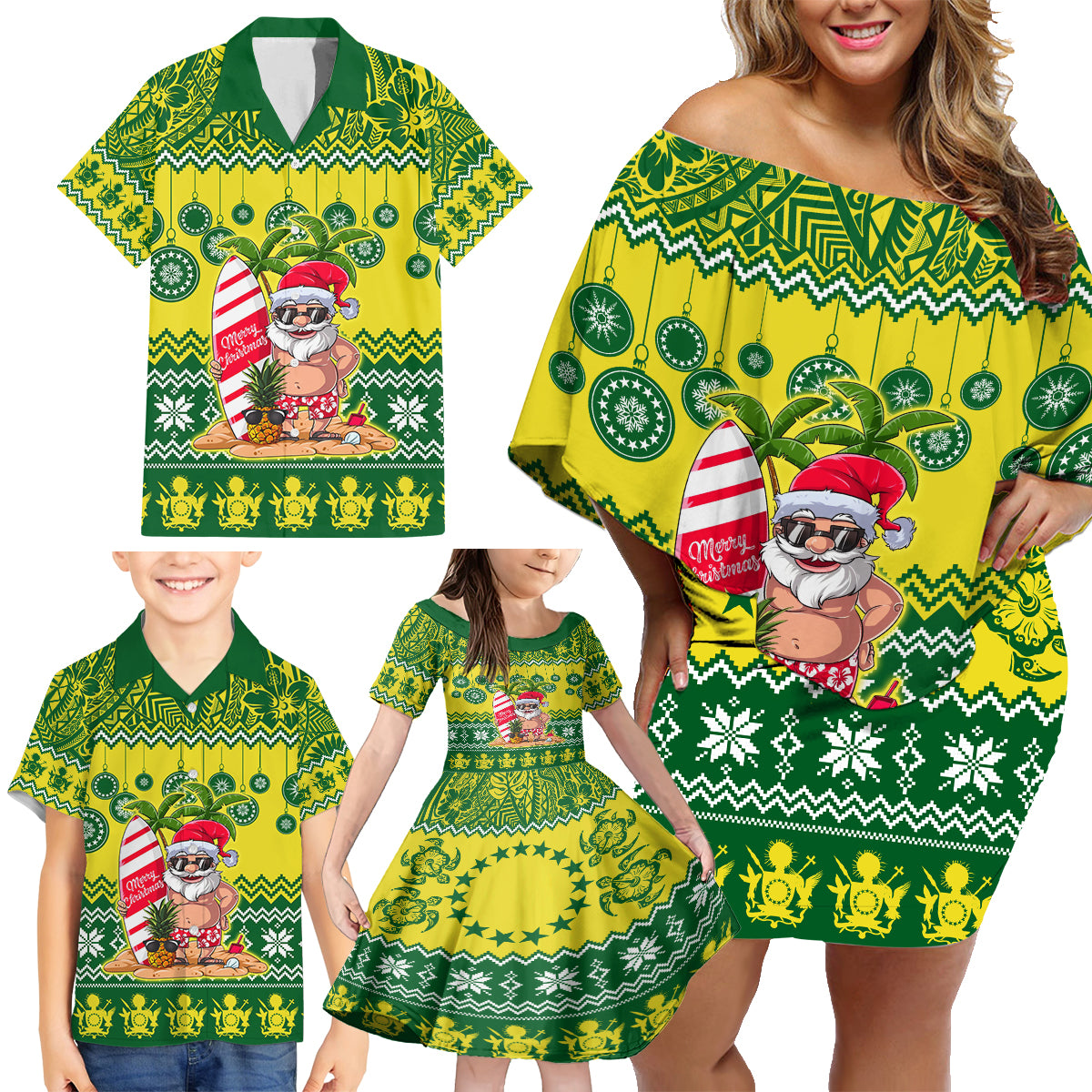 Cook Islands Christmas Family Matching Off Shoulder Short Dress and Hawaiian Shirt Santa Beach Meri Kiritimiti LT9 - Wonder Print Shop