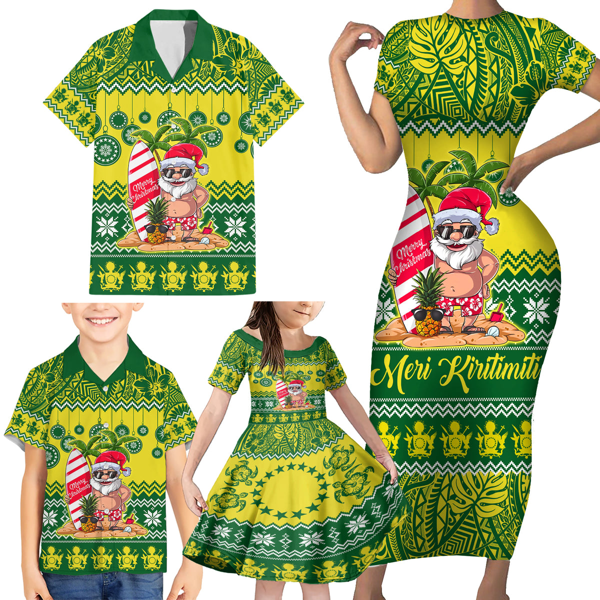 Cook Islands Christmas Family Matching Short Sleeve Bodycon Dress and Hawaiian Shirt Santa Beach Meri Kiritimiti - Wonder Print Shop