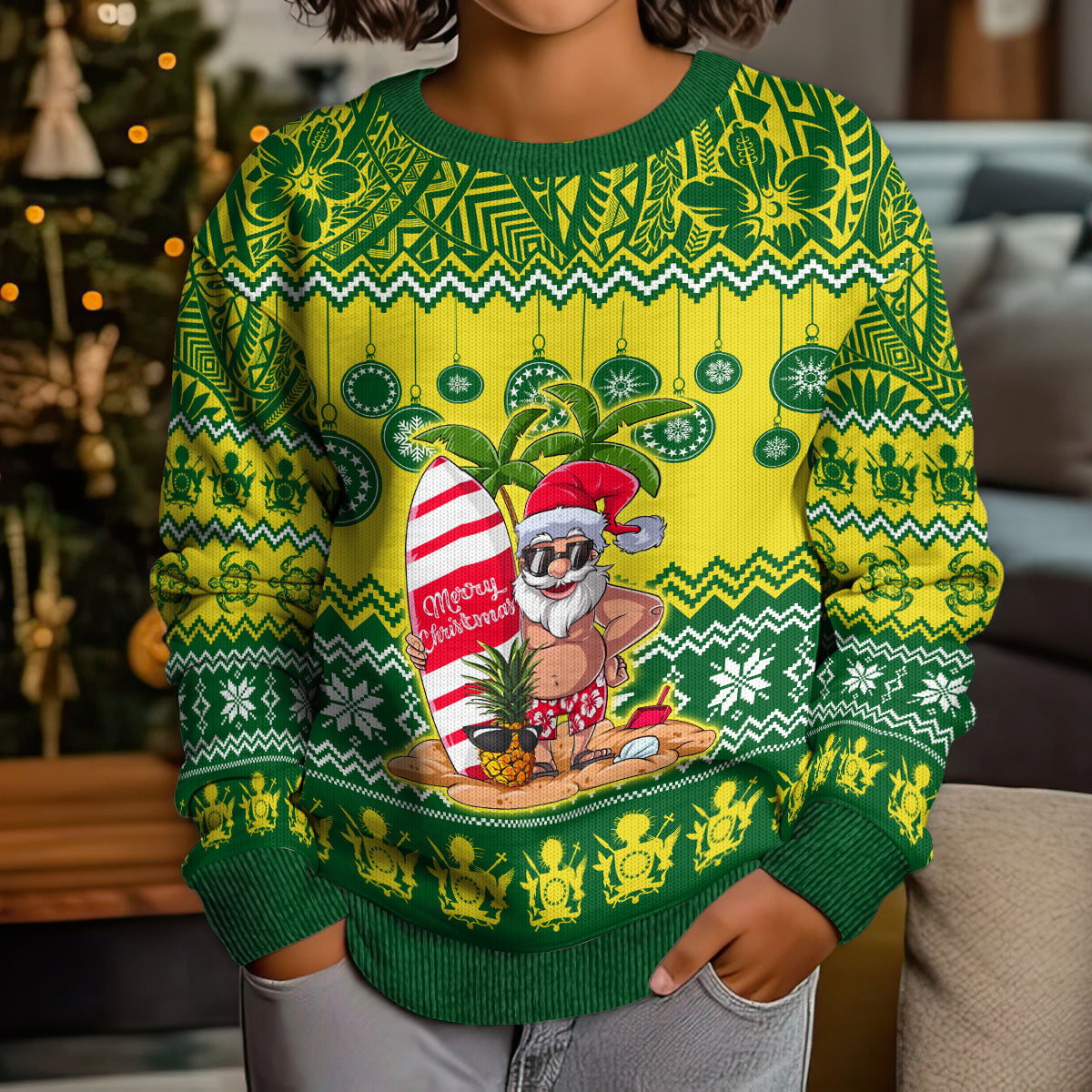 Cook Islands Christmas Kid Ugly Christmas Sweater Santa Beach Meri Kiritimiti - Wonder Print Shop