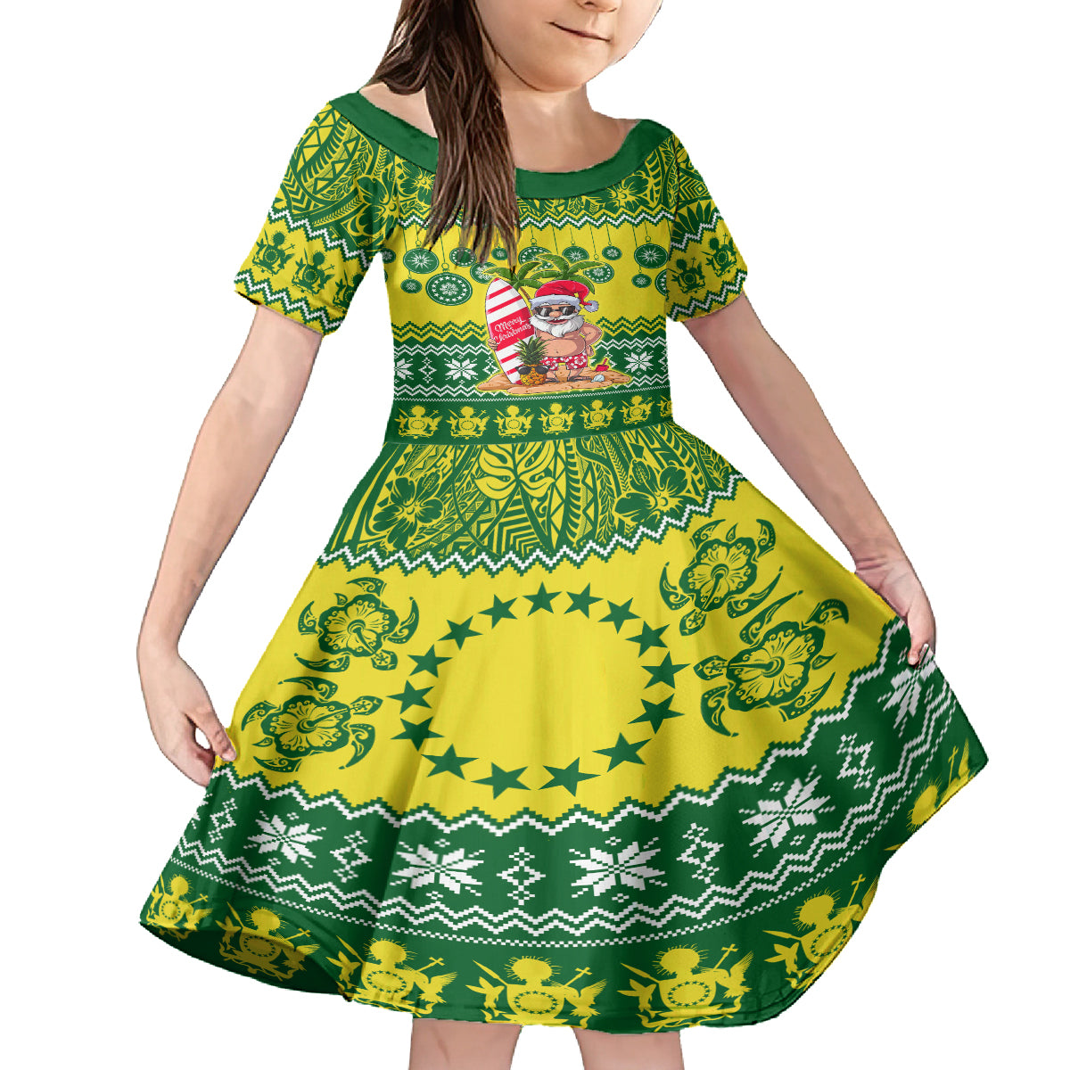 Cook Islands Christmas Kid Short Sleeve Dress Santa Beach Meri Kiritimiti - Wonder Print Shop
