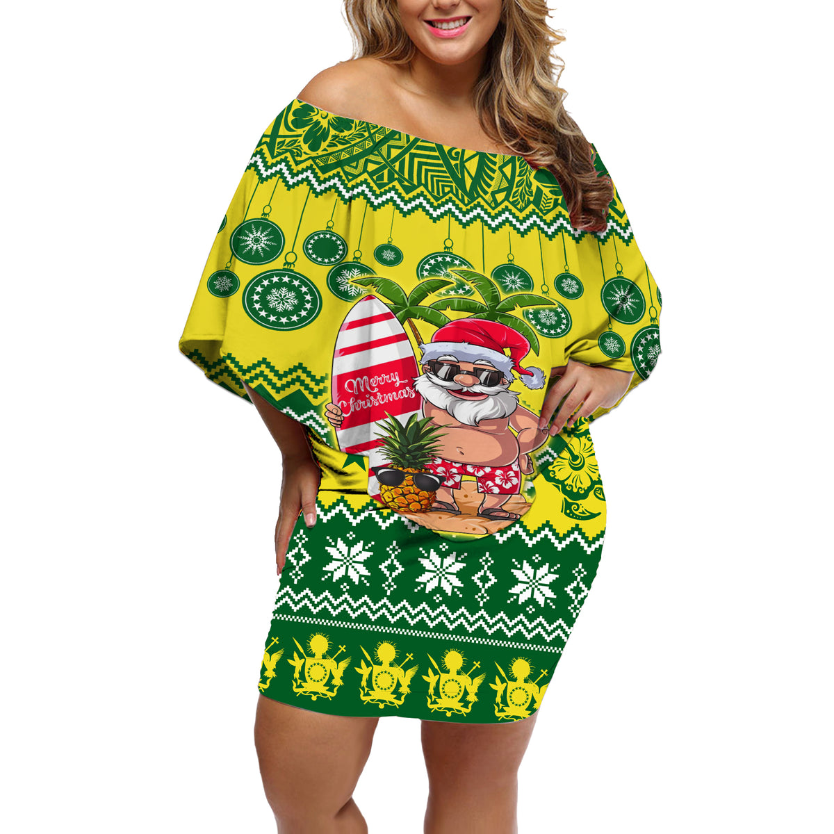 Cook Islands Christmas Off Shoulder Short Dress Santa Beach Meri Kiritimiti - Wonder Print Shop