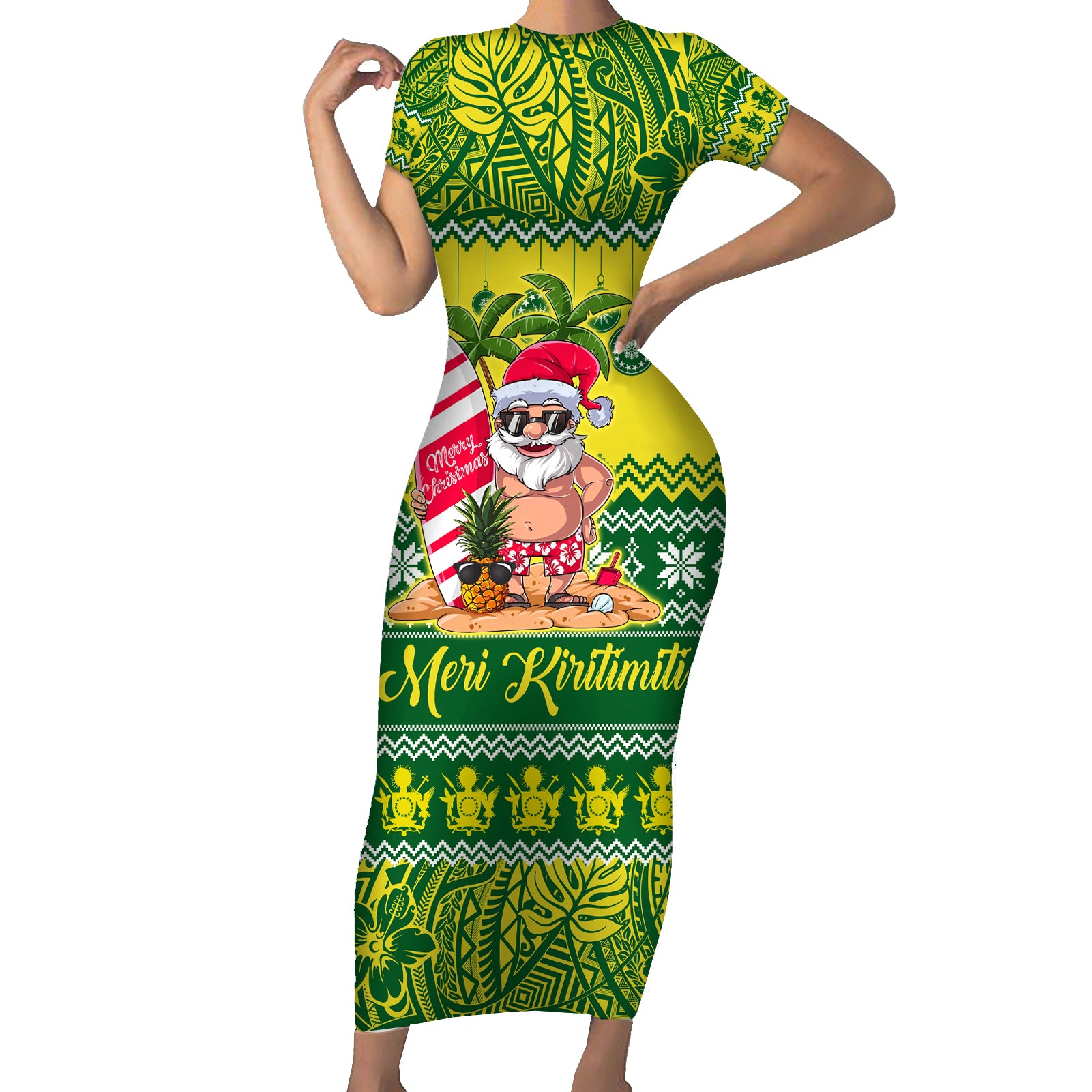 Cook Islands Christmas Short Sleeve Bodycon Dress Santa Beach Meri Kiritimiti - Wonder Print Shop