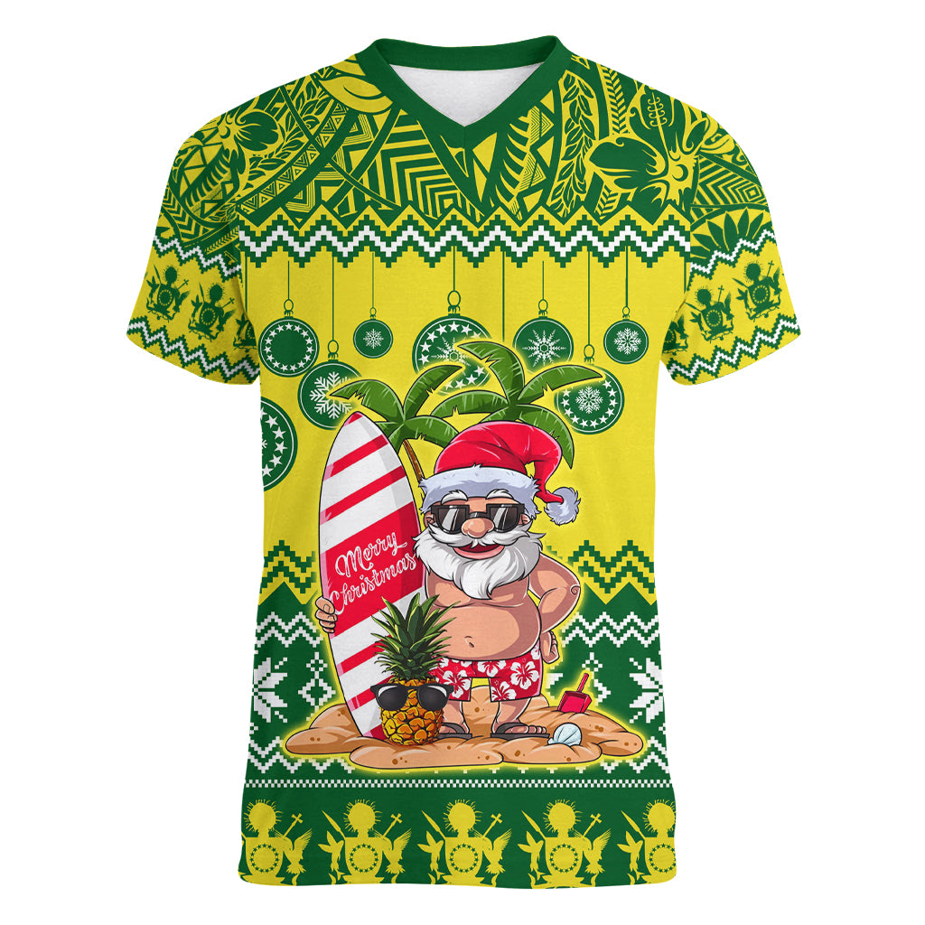 Cook Islands Christmas Women V Neck T Shirt Santa Beach Meri Kiritimiti - Wonder Print Shop