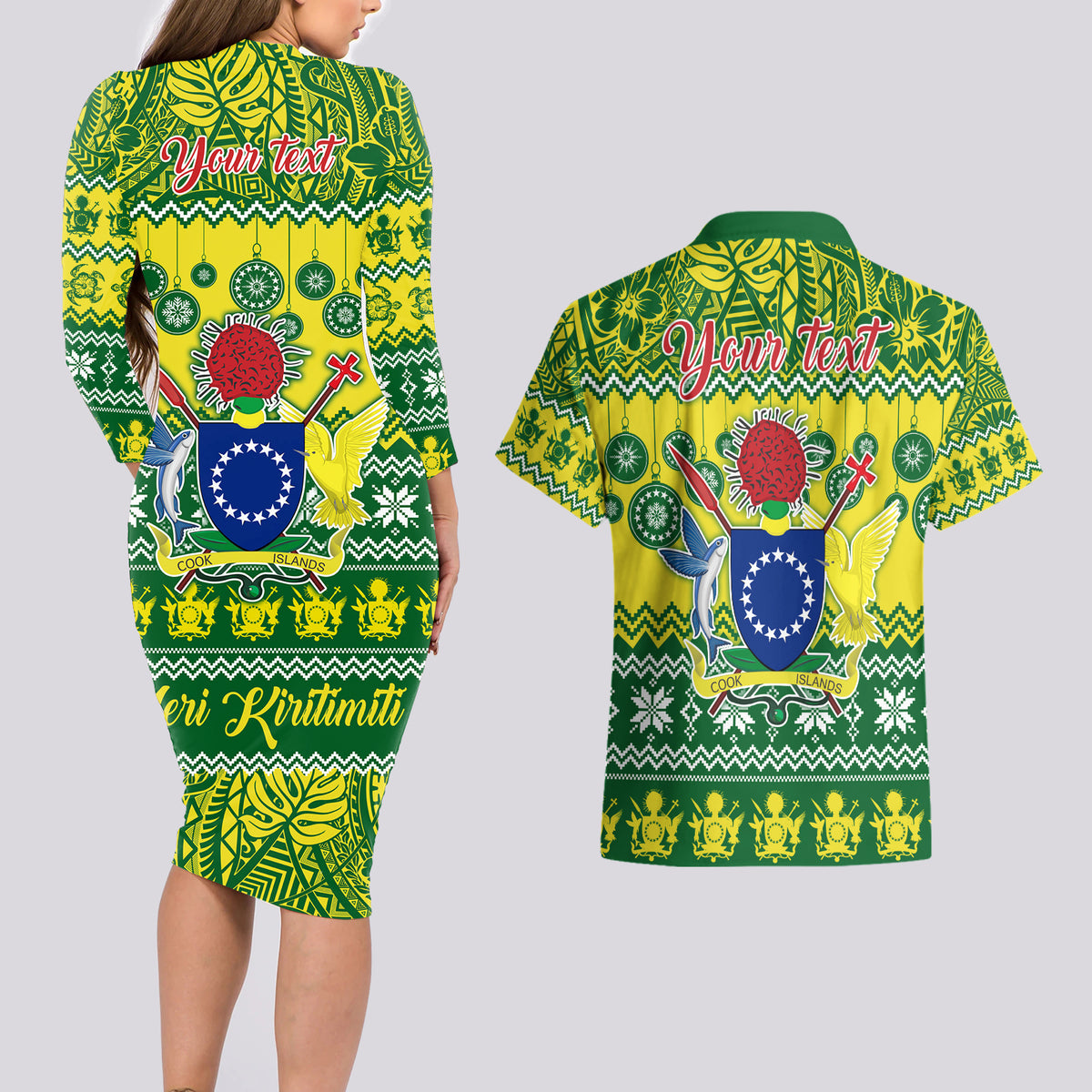 Personalised Cook Islands Christmas Couples Matching Long Sleeve Bodycon Dress and Hawaiian Shirt Santa Beach Meri Kiritimiti LT9 - Wonder Print Shop
