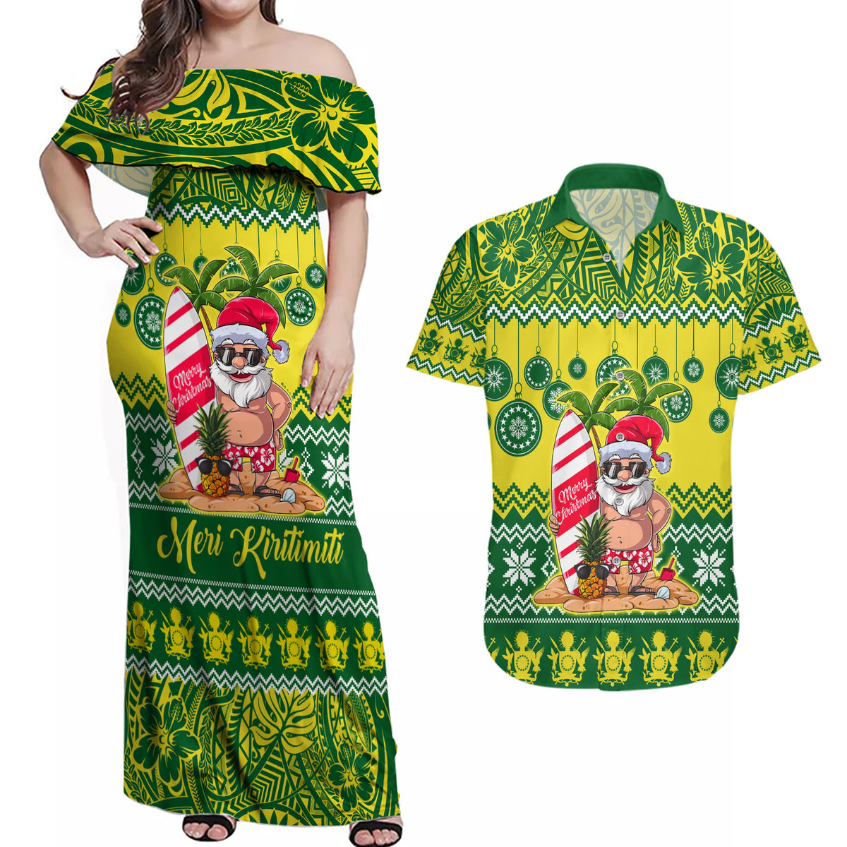 Personalised Cook Islands Christmas Couples Matching Off Shoulder Maxi Dress and Hawaiian Shirt Santa Beach Meri Kiritimiti LT9 - Wonder Print Shop