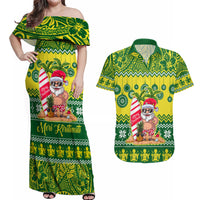 Personalised Cook Islands Christmas Couples Matching Off Shoulder Maxi Dress and Hawaiian Shirt Santa Beach Meri Kiritimiti LT9 - Wonder Print Shop
