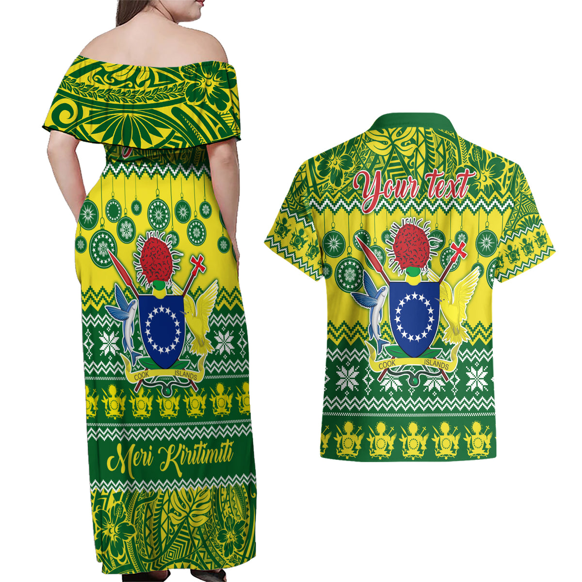 Personalised Cook Islands Christmas Couples Matching Off Shoulder Maxi Dress and Hawaiian Shirt Santa Beach Meri Kiritimiti LT9 - Wonder Print Shop