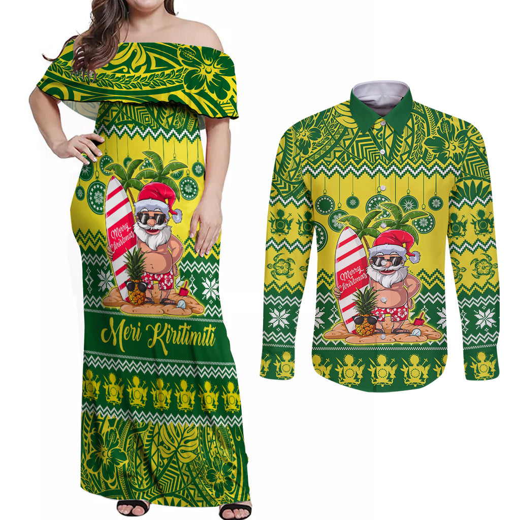 Personalised Cook Islands Christmas Couples Matching Off Shoulder Maxi Dress and Long Sleeve Button Shirt Santa Beach Meri Kiritimiti LT9 - Wonder Print Shop