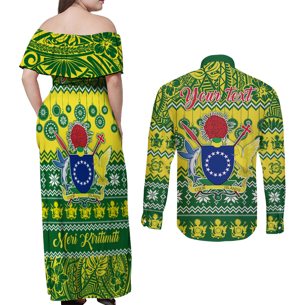 Personalised Cook Islands Christmas Couples Matching Off Shoulder Maxi Dress and Long Sleeve Button Shirt Santa Beach Meri Kiritimiti LT9 - Wonder Print Shop