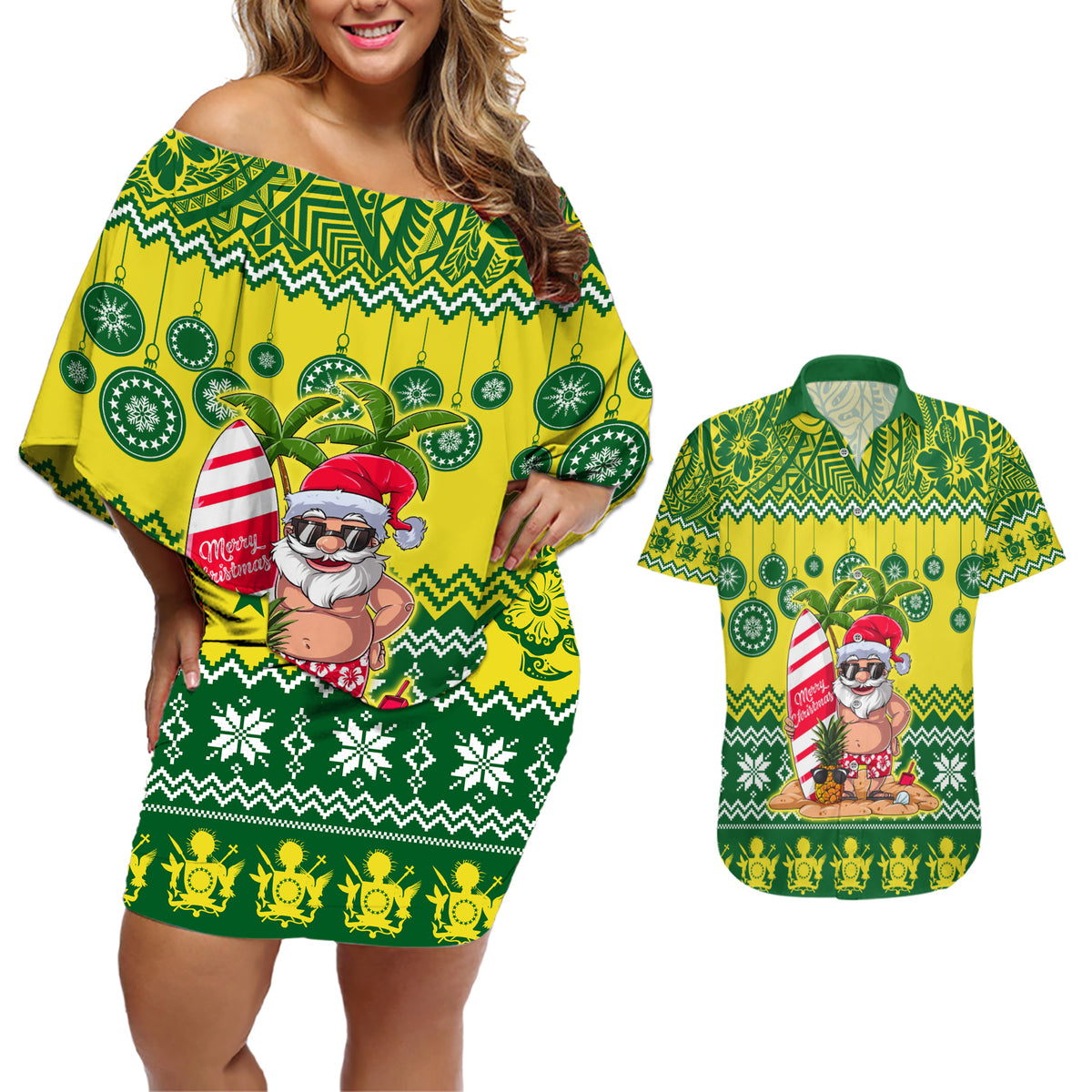 Personalised Cook Islands Christmas Couples Matching Off Shoulder Short Dress and Hawaiian Shirt Santa Beach Meri Kiritimiti LT9 - Wonder Print Shop