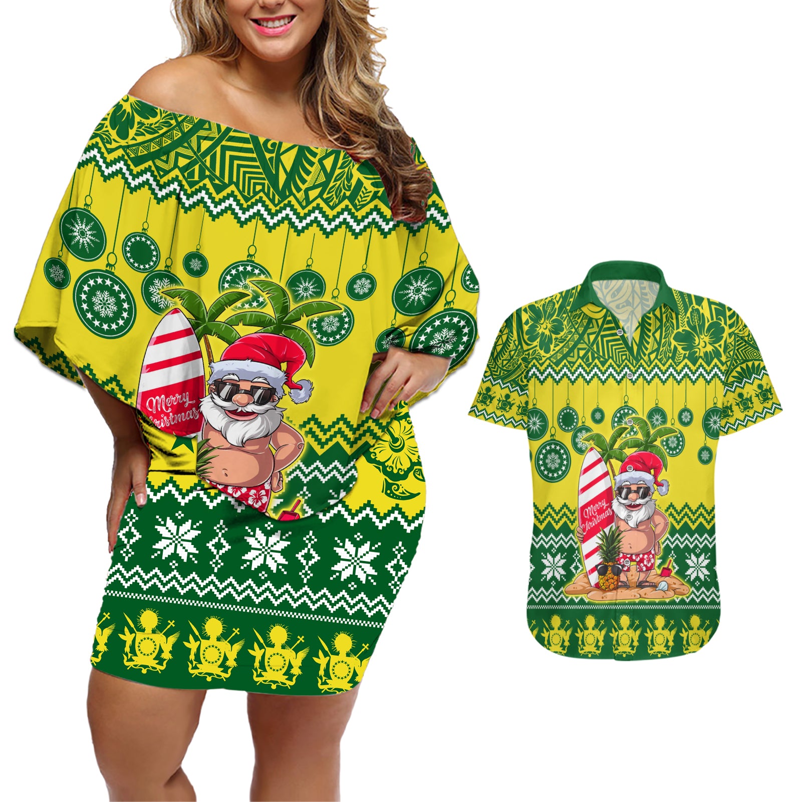 Personalised Cook Islands Christmas Couples Matching Off Shoulder Short Dress and Hawaiian Shirt Santa Beach Meri Kiritimiti LT9 - Wonder Print Shop