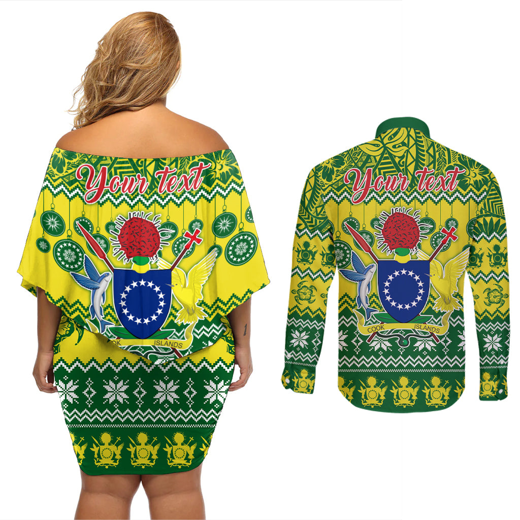 Personalised Cook Islands Christmas Couples Matching Off Shoulder Short Dress and Long Sleeve Button Shirt Santa Beach Meri Kiritimiti LT9 - Wonder Print Shop