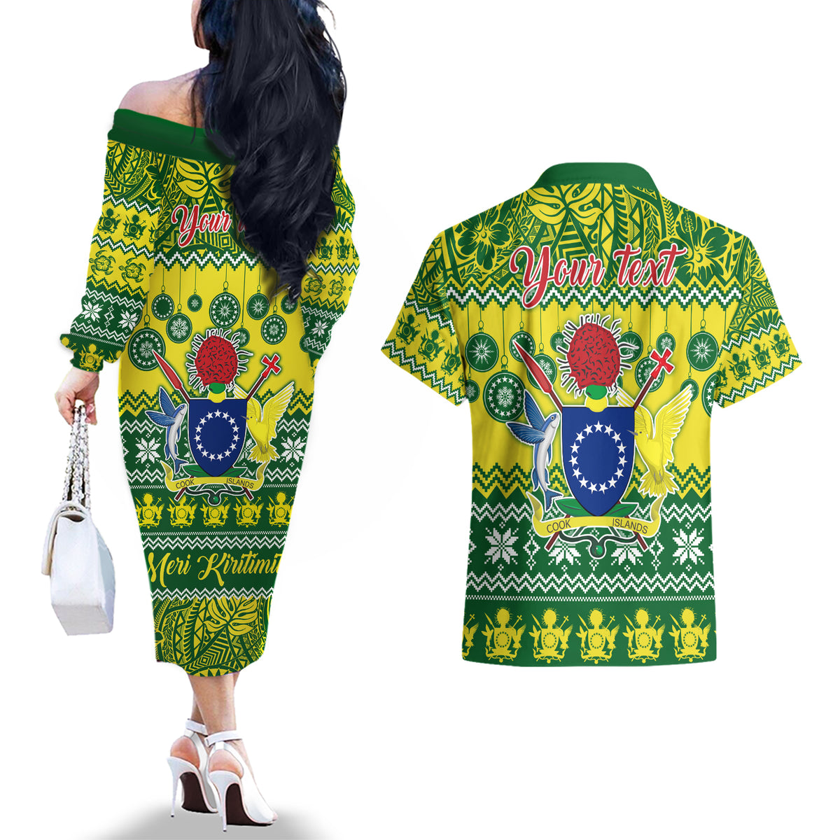 Personalised Cook Islands Christmas Couples Matching Off The Shoulder Long Sleeve Dress and Hawaiian Shirt Santa Beach Meri Kiritimiti LT9 - Wonder Print Shop