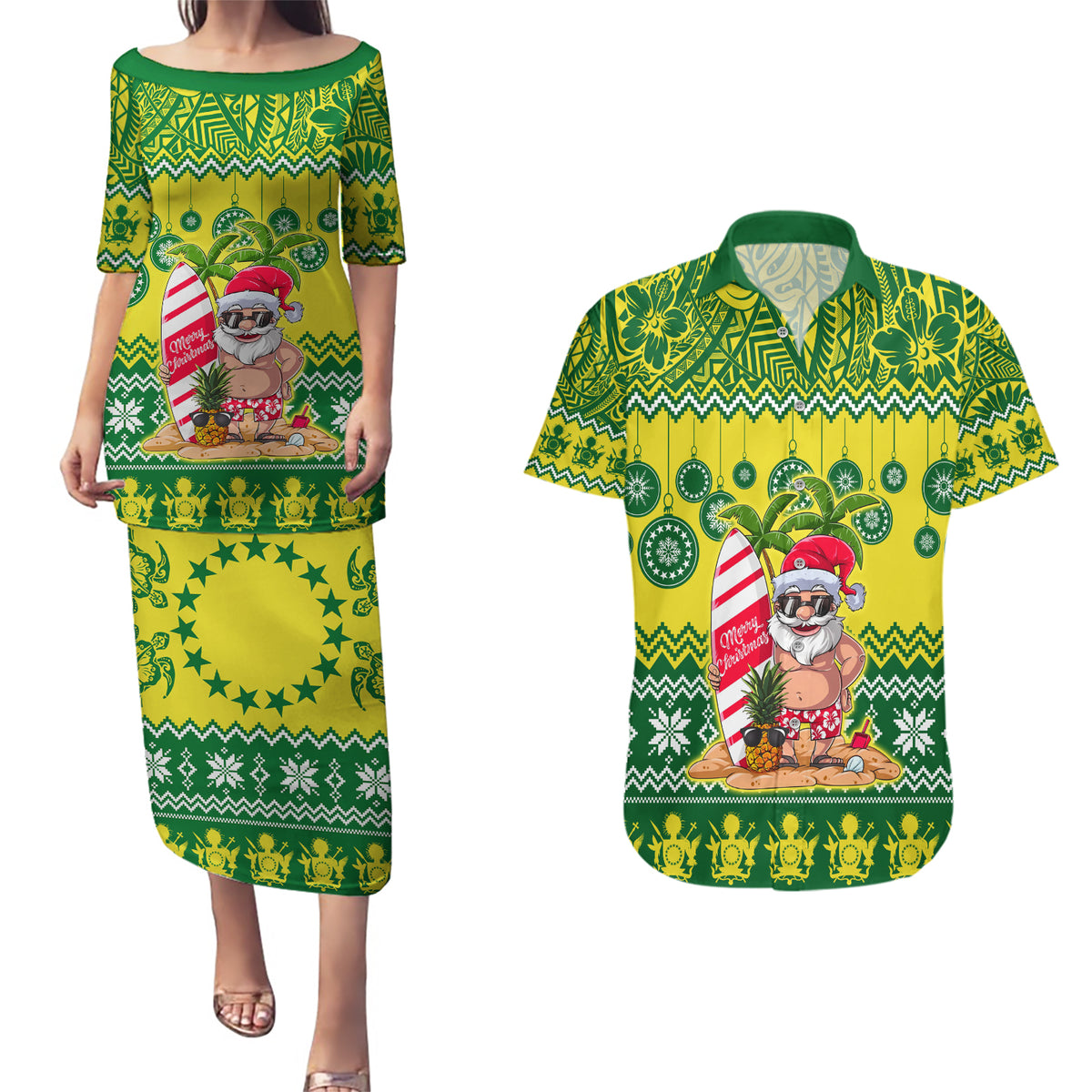 Personalised Cook Islands Christmas Couples Matching Puletasi Dress and Hawaiian Shirt Santa Beach Meri Kiritimiti LT9 - Wonder Print Shop