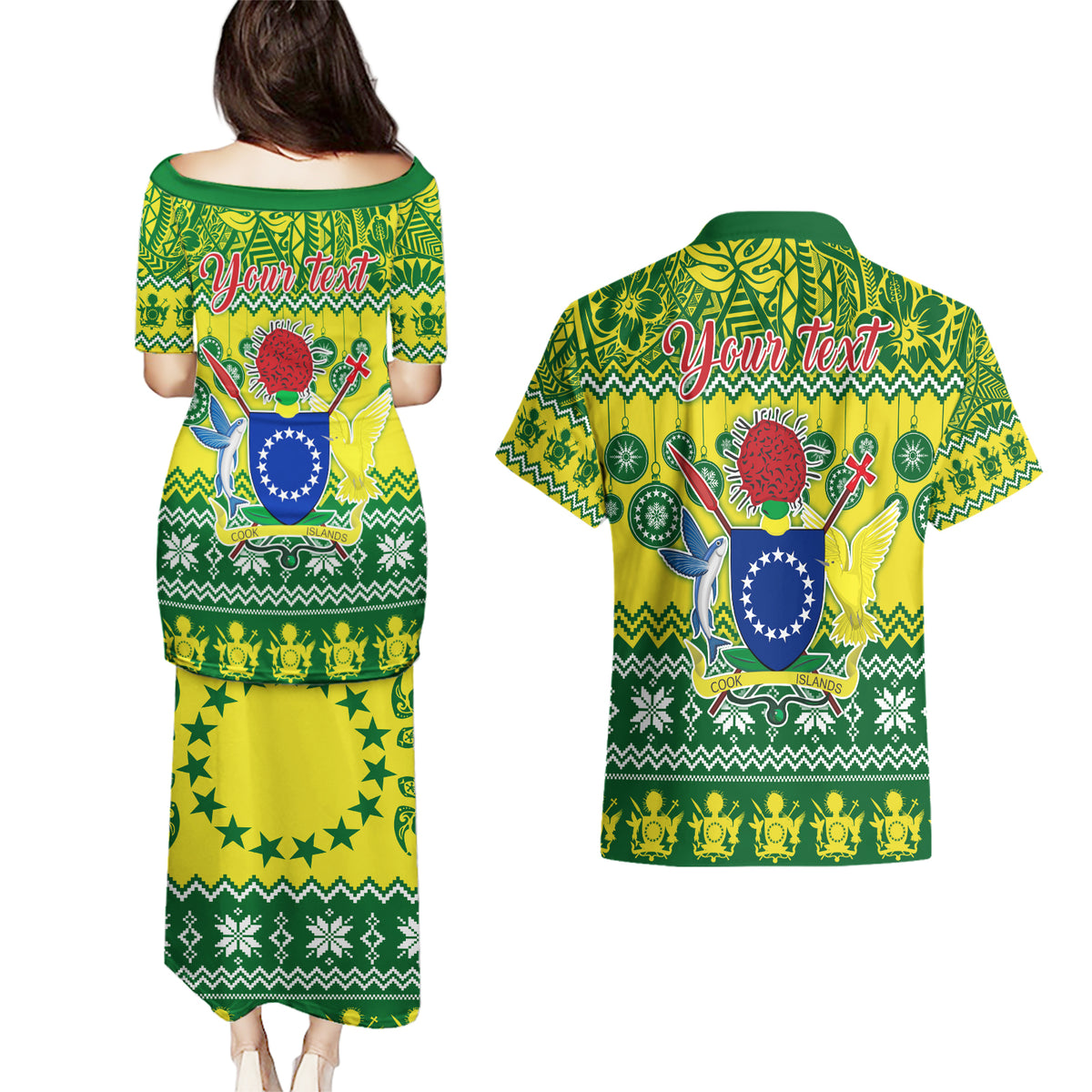 Personalised Cook Islands Christmas Couples Matching Puletasi Dress and Hawaiian Shirt Santa Beach Meri Kiritimiti LT9 - Wonder Print Shop