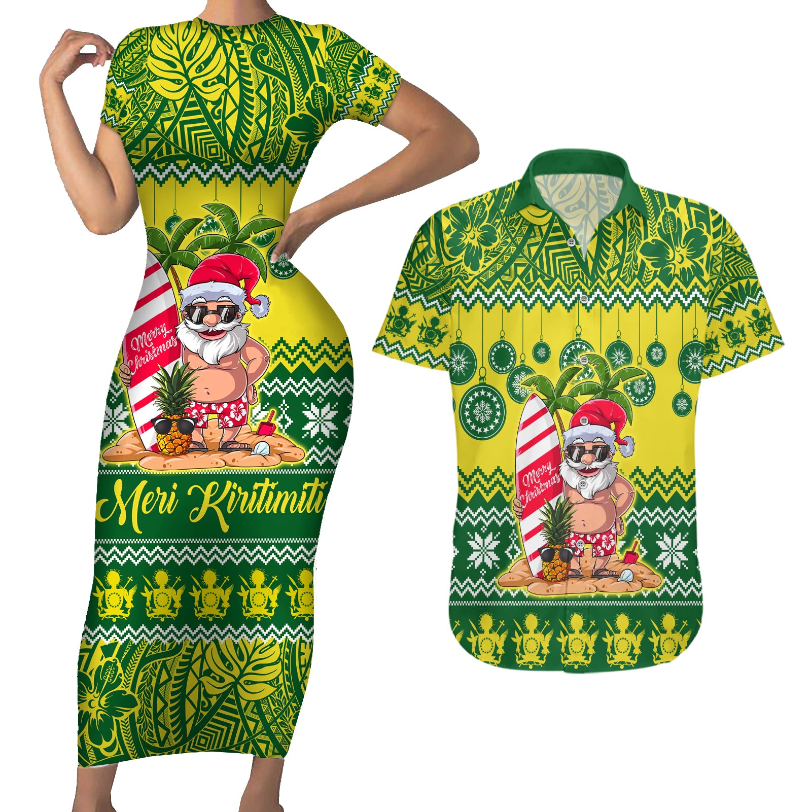 Personalised Cook Islands Christmas Couples Matching Short Sleeve Bodycon Dress and Hawaiian Shirt Santa Beach Meri Kiritimiti LT9 - Wonder Print Shop