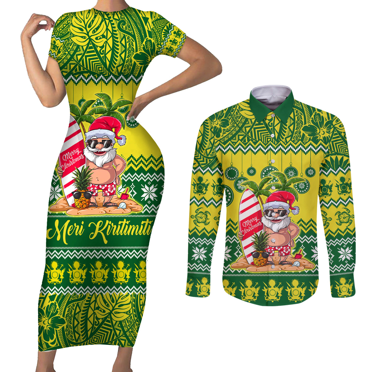 Personalised Cook Islands Christmas Couples Matching Short Sleeve Bodycon Dress and Long Sleeve Button Shirt Santa Beach Meri Kiritimiti LT9 - Wonder Print Shop
