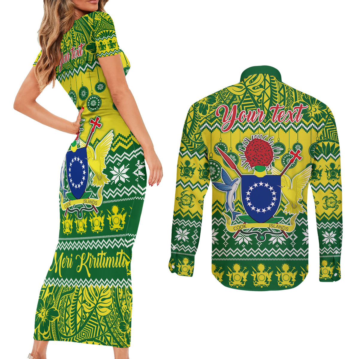 Personalised Cook Islands Christmas Couples Matching Short Sleeve Bodycon Dress and Long Sleeve Button Shirt Santa Beach Meri Kiritimiti LT9 - Wonder Print Shop
