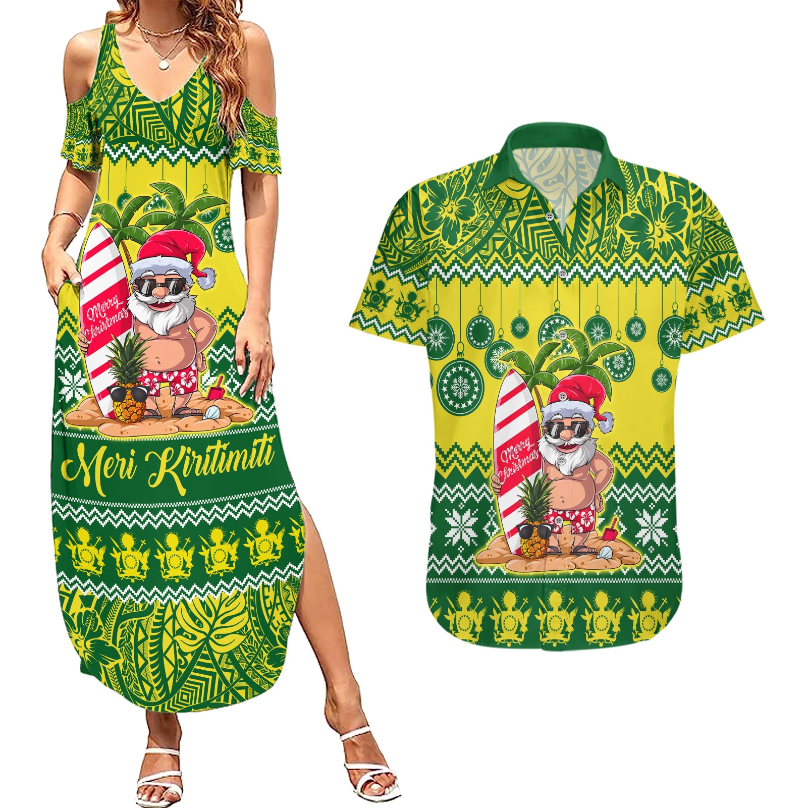 Personalised Cook Islands Christmas Couples Matching Summer Maxi Dress and Hawaiian Shirt Santa Beach Meri Kiritimiti LT9 - Wonder Print Shop