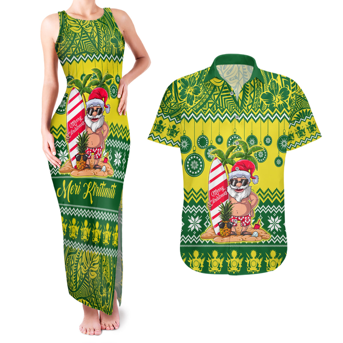 Personalised Cook Islands Christmas Couples Matching Tank Maxi Dress and Hawaiian Shirt Santa Beach Meri Kiritimiti LT9 - Wonder Print Shop