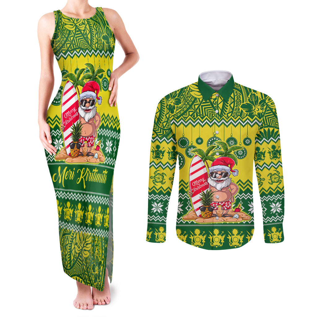 Personalised Cook Islands Christmas Couples Matching Tank Maxi Dress and Long Sleeve Button Shirt Santa Beach Meri Kiritimiti LT9 - Wonder Print Shop