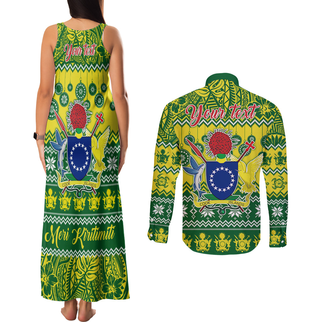 Personalised Cook Islands Christmas Couples Matching Tank Maxi Dress and Long Sleeve Button Shirt Santa Beach Meri Kiritimiti LT9 - Wonder Print Shop