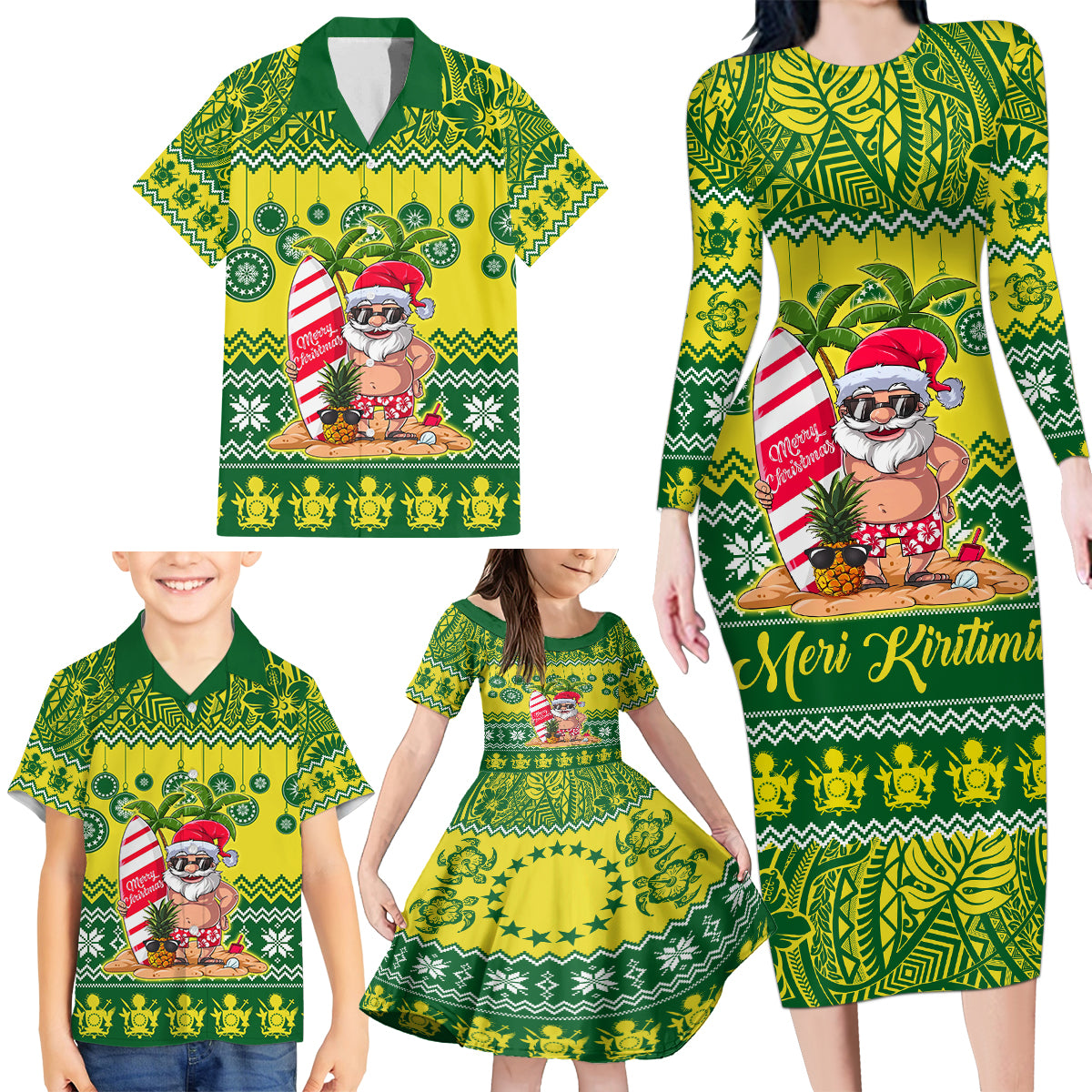 Personalised Cook Islands Christmas Family Matching Long Sleeve Bodycon Dress and Hawaiian Shirt Santa Beach Meri Kiritimiti LT9 - Wonder Print Shop