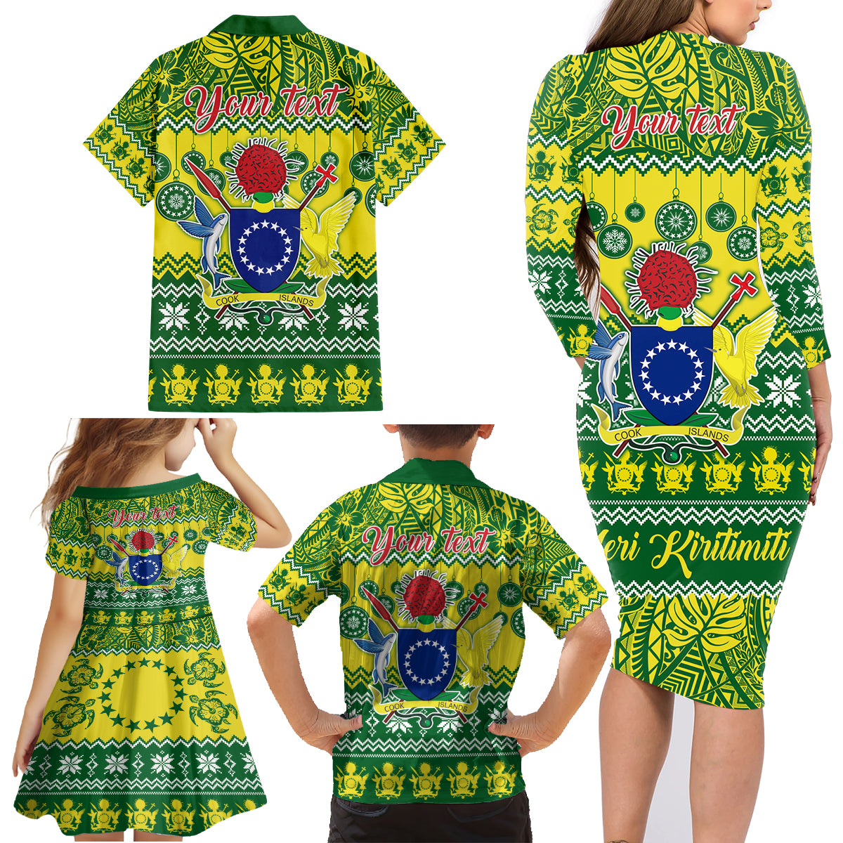Personalised Cook Islands Christmas Family Matching Long Sleeve Bodycon Dress and Hawaiian Shirt Santa Beach Meri Kiritimiti LT9 - Wonder Print Shop
