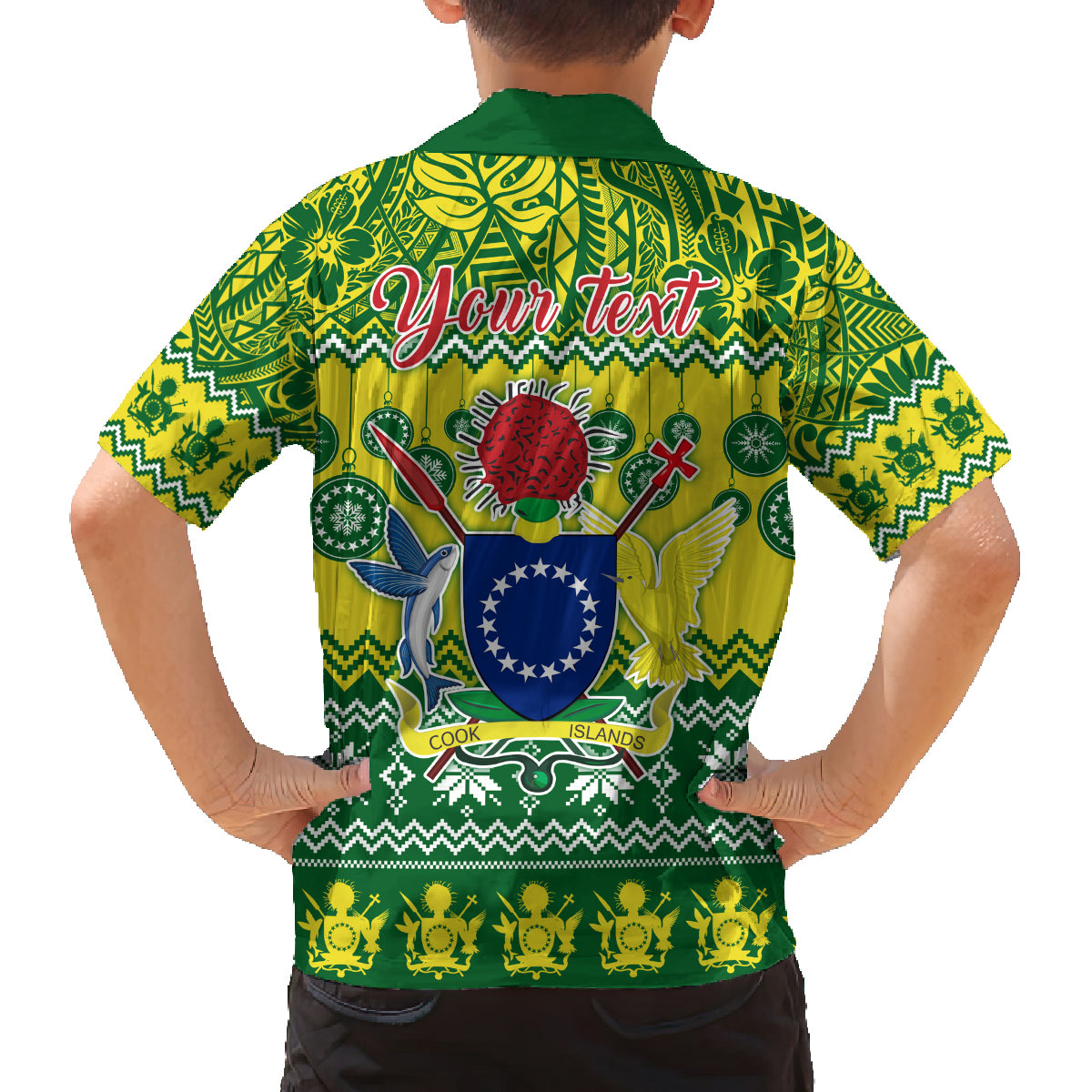 Personalised Cook Islands Christmas Family Matching Off Shoulder Long Sleeve Dress and Hawaiian Shirt Santa Beach Meri Kiritimiti - Wonder Print Shop