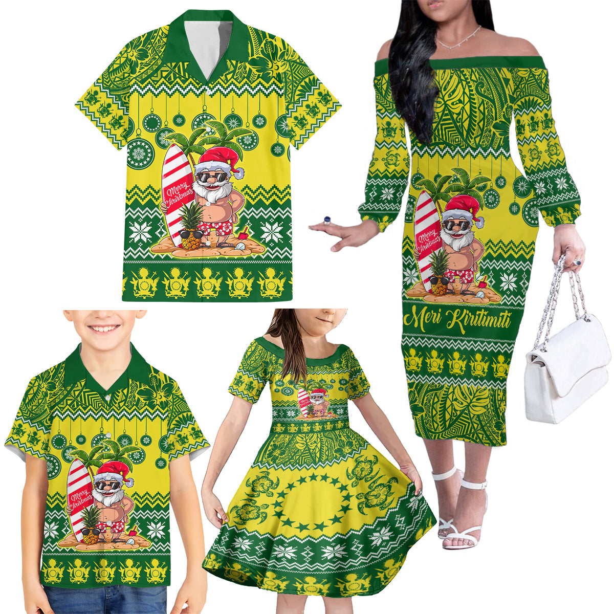 Personalised Cook Islands Christmas Family Matching Off Shoulder Long Sleeve Dress and Hawaiian Shirt Santa Beach Meri Kiritimiti - Wonder Print Shop