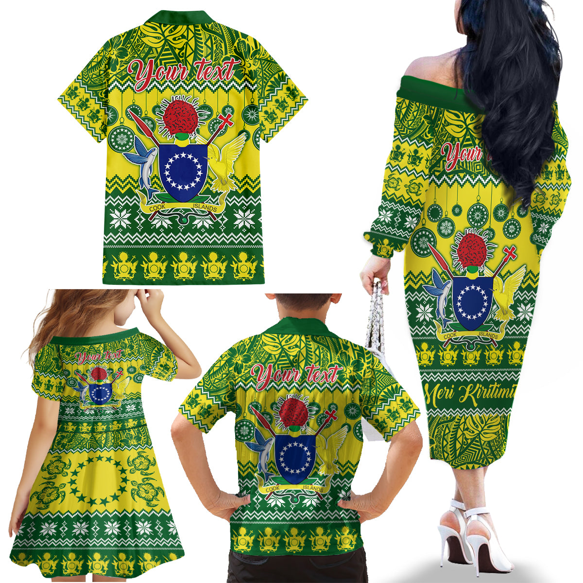 Personalised Cook Islands Christmas Family Matching Off Shoulder Long Sleeve Dress and Hawaiian Shirt Santa Beach Meri Kiritimiti - Wonder Print Shop