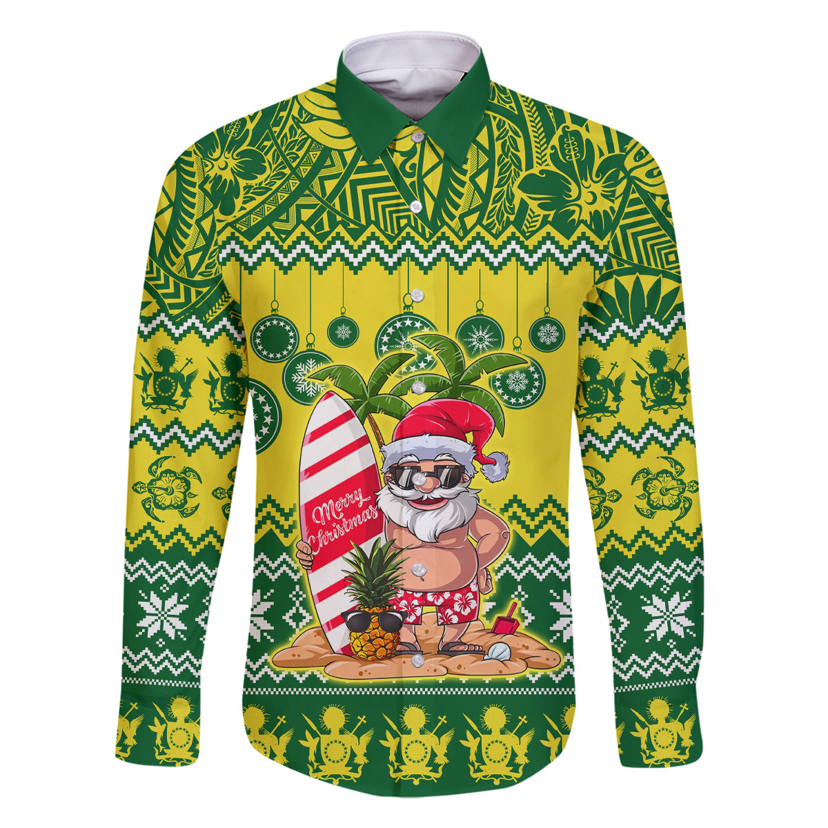 Personalised Cook Islands Christmas Family Matching Off Shoulder Long Sleeve Dress and Hawaiian Shirt Santa Beach Meri Kiritimiti - Wonder Print Shop