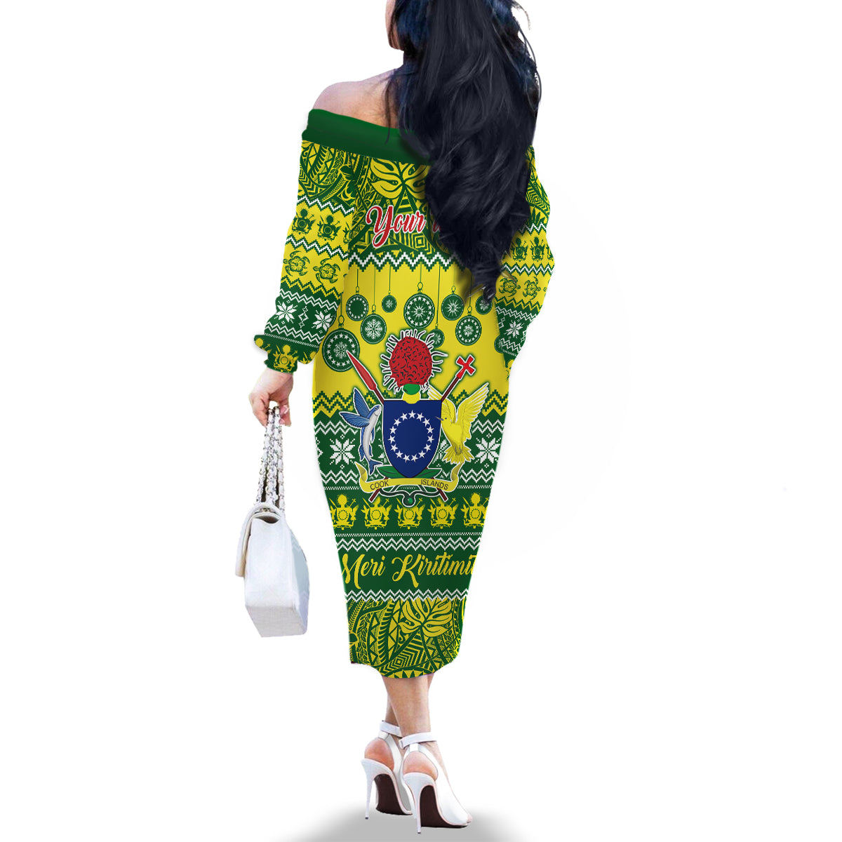 Personalised Cook Islands Christmas Family Matching Off Shoulder Long Sleeve Dress and Hawaiian Shirt Santa Beach Meri Kiritimiti - Wonder Print Shop