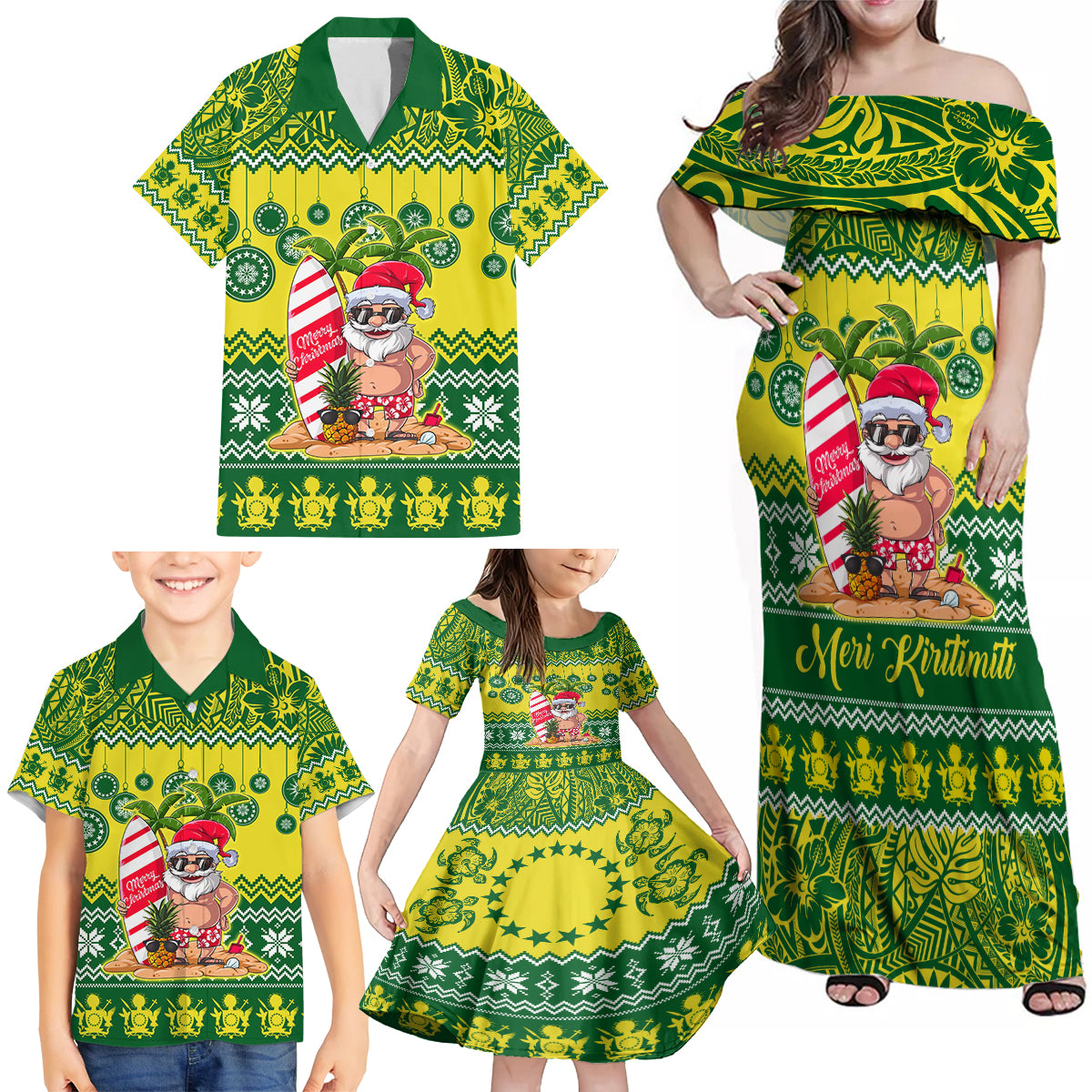 Personalised Cook Islands Christmas Family Matching Off Shoulder Maxi Dress and Hawaiian Shirt Santa Beach Meri Kiritimiti LT9 - Wonder Print Shop
