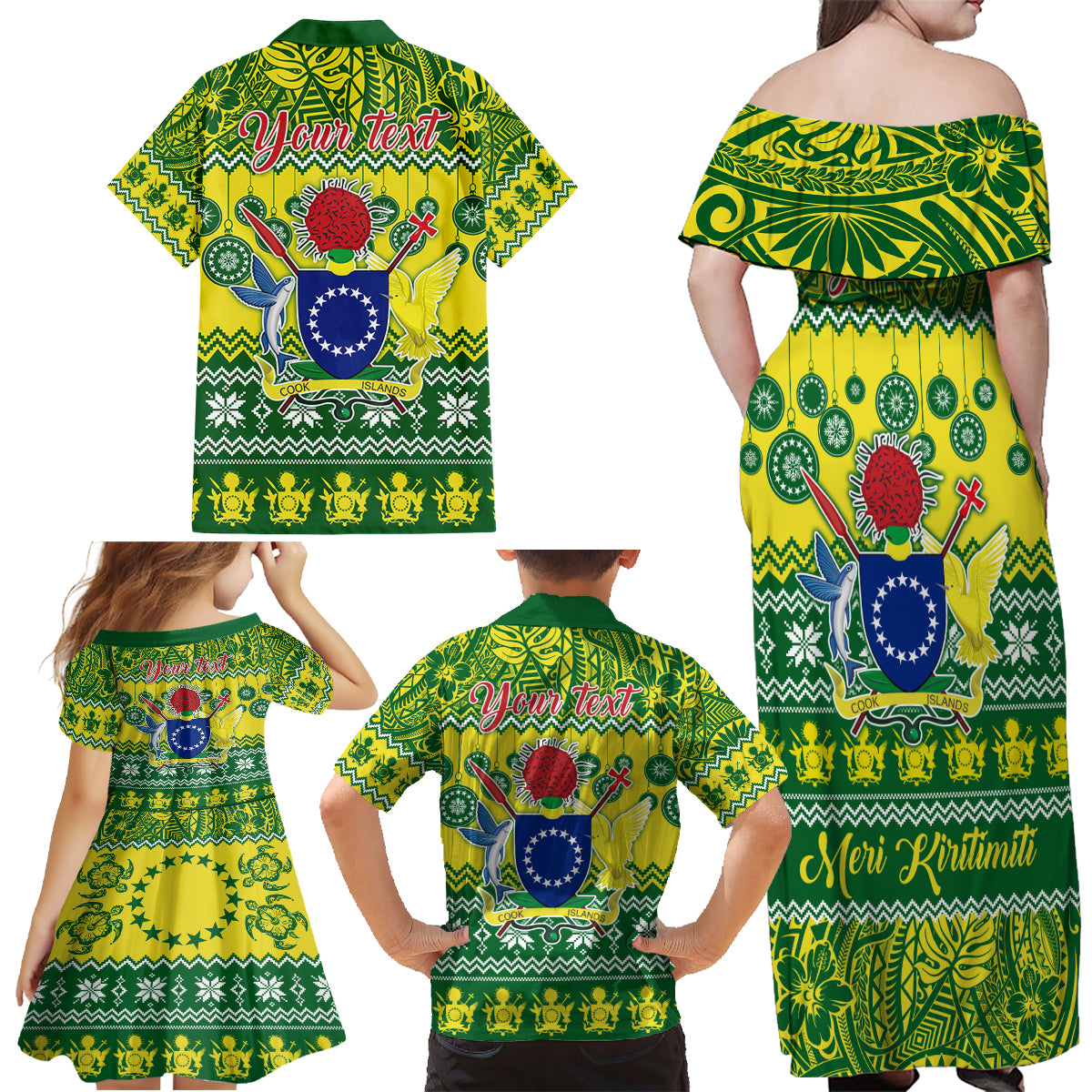Personalised Cook Islands Christmas Family Matching Off Shoulder Maxi Dress and Hawaiian Shirt Santa Beach Meri Kiritimiti LT9 - Wonder Print Shop