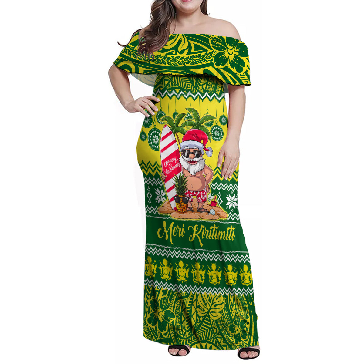 Personalised Cook Islands Christmas Family Matching Off Shoulder Maxi Dress and Hawaiian Shirt Santa Beach Meri Kiritimiti LT9 - Wonder Print Shop